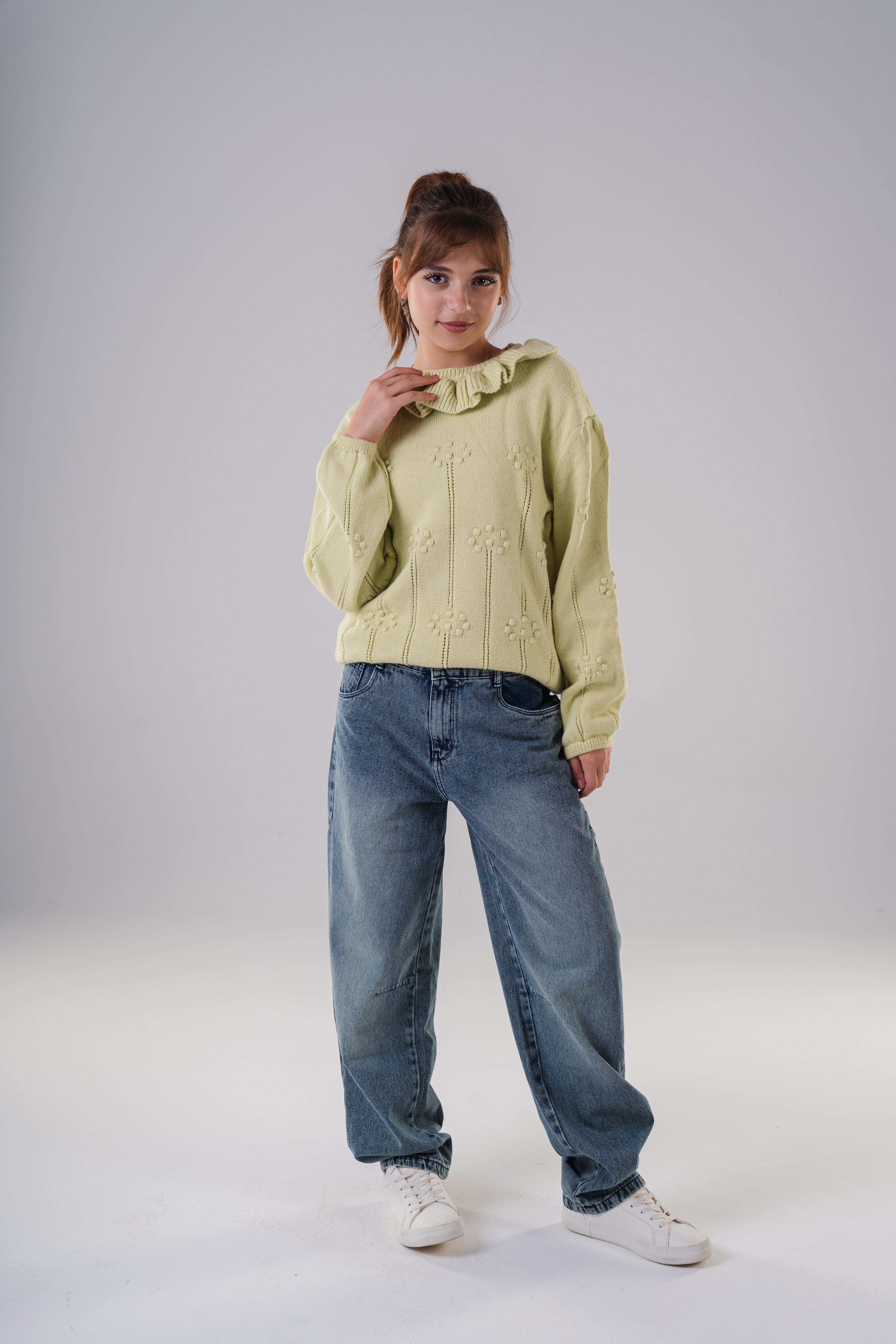 Girls Ruffled Collar Pointelle Knit Sweater