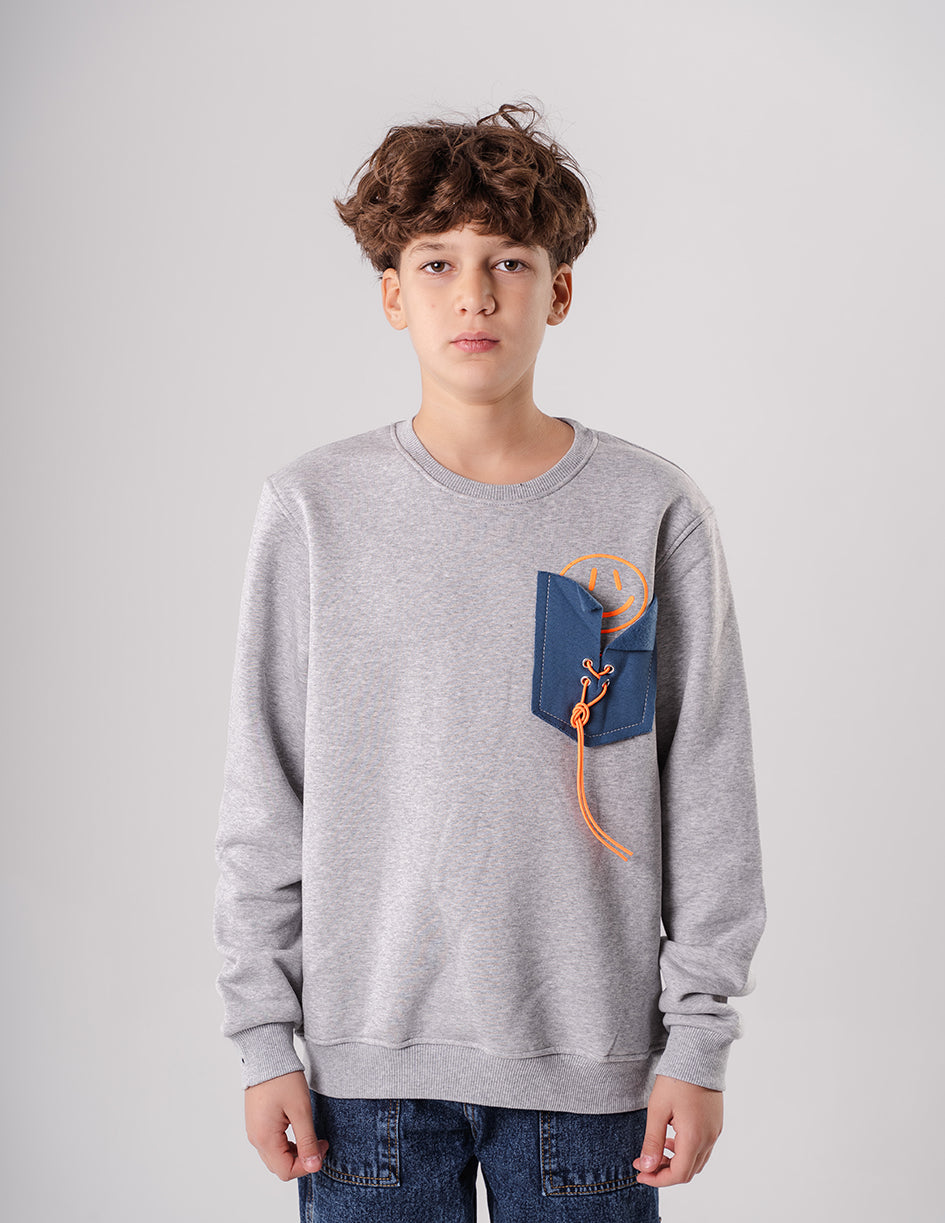 Boys Printed Gray Fleece Sweatshirt With Pocket