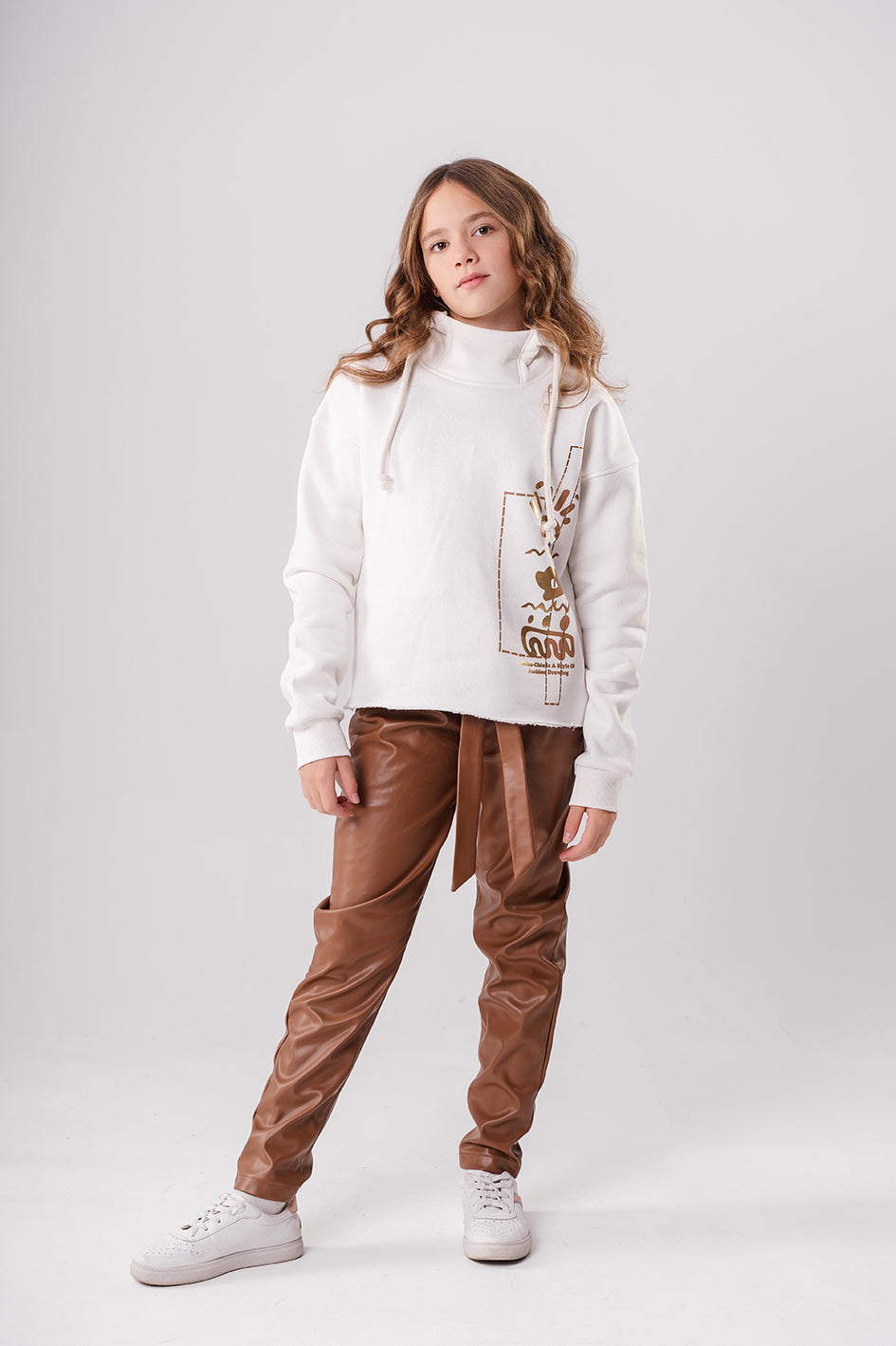 Girls White Cotton With Brown Print Full Sleeves Hoodie