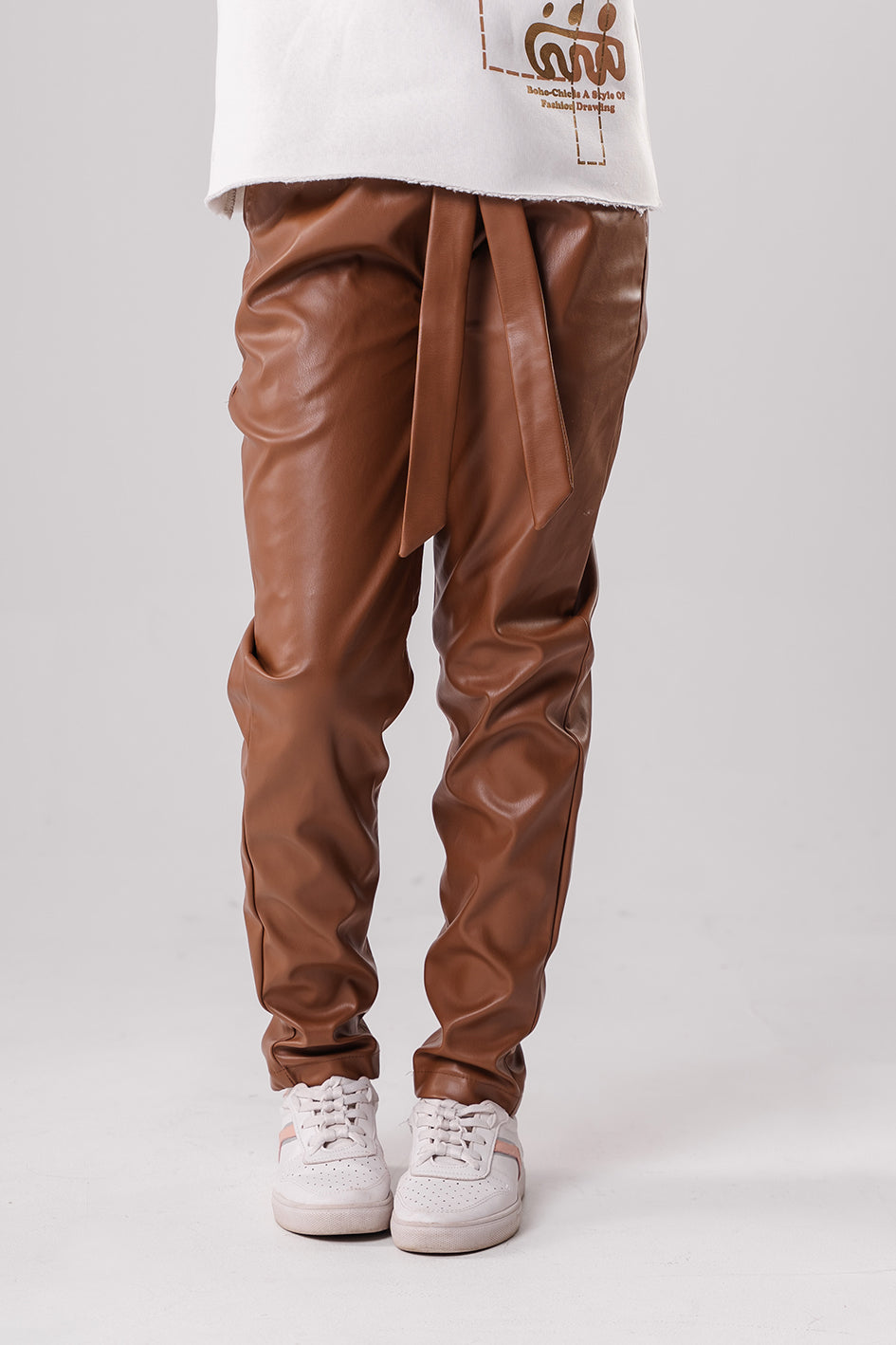 Girls Brown Leather trousers with a tie at the front