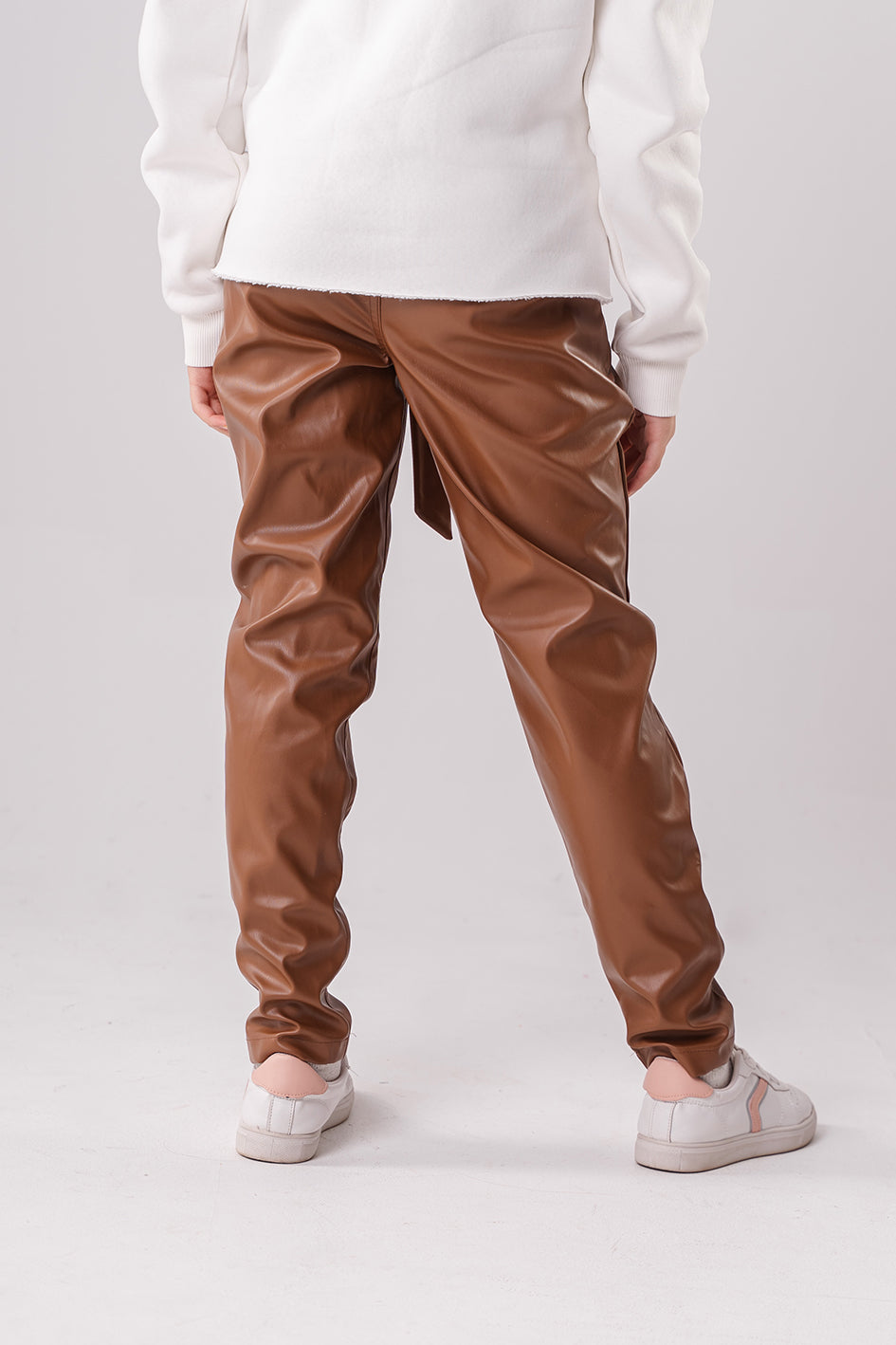 Girls Brown Leather trousers with a tie at the front