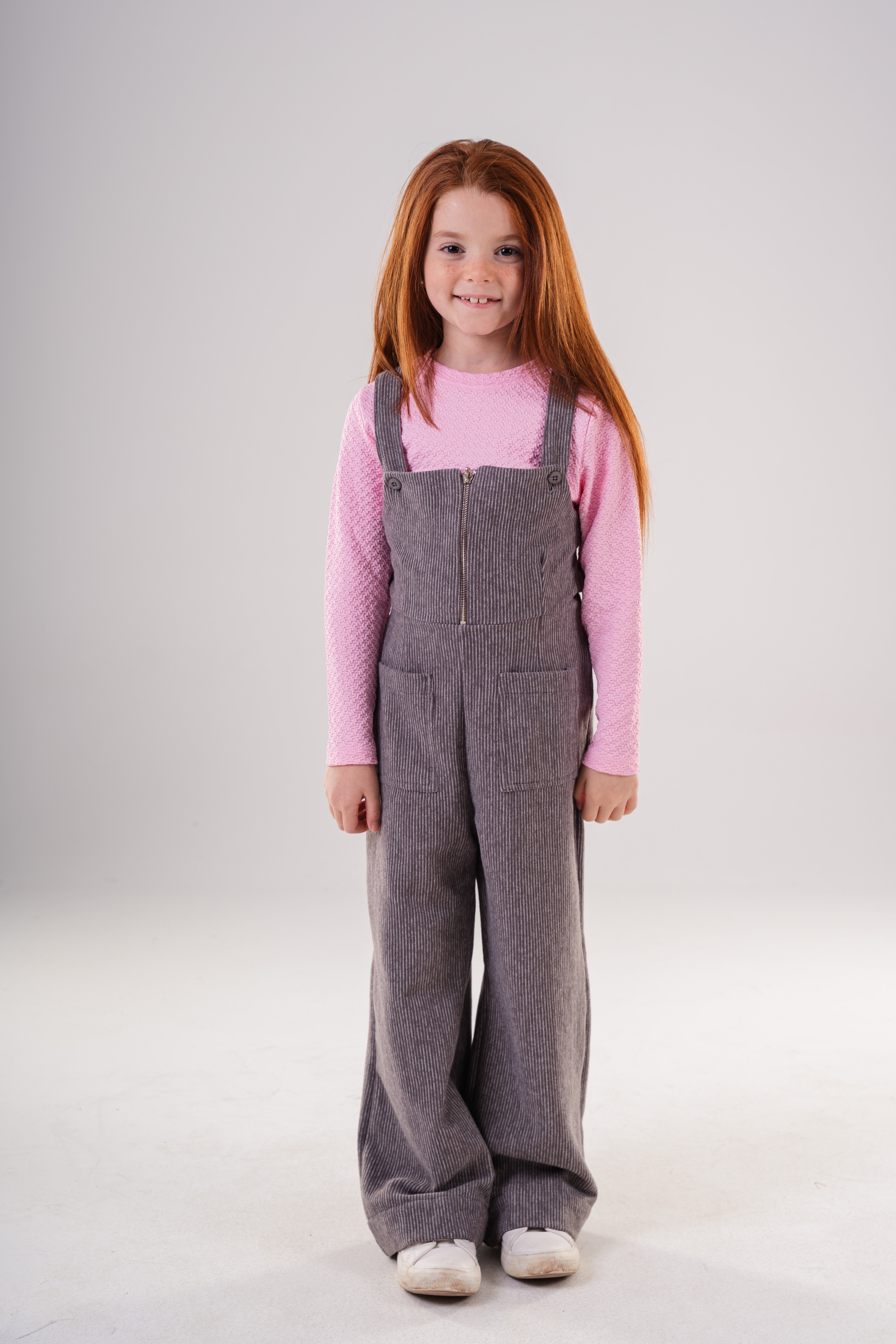 Girls Corduroy Wide-Leg Overalls Jumpsuit with Half-Zip