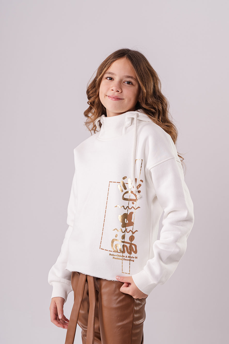 Girls White Cotton With Brown Print Full Sleeves Hoodie