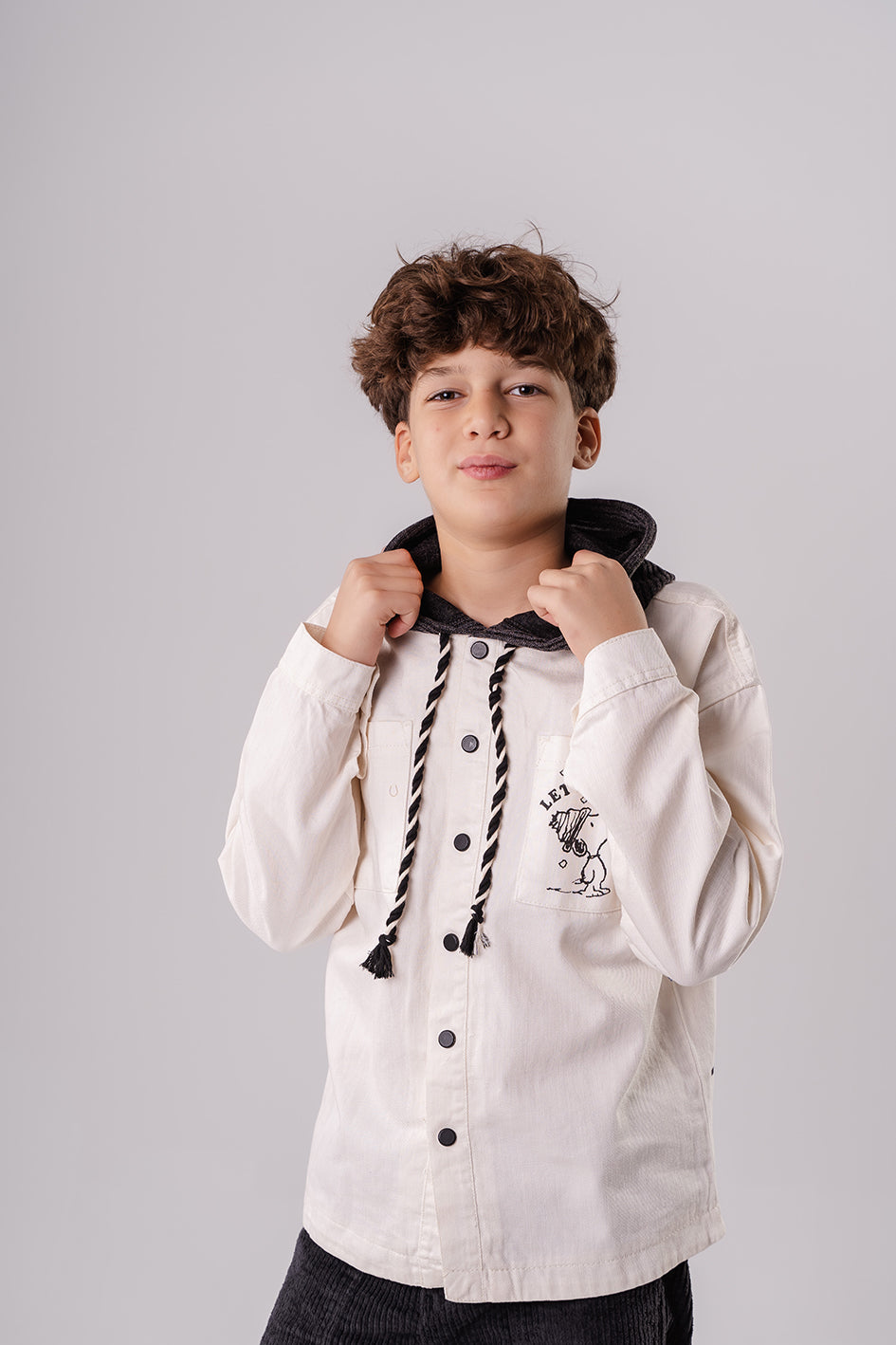 Boys Off White Linen Printed Jacket