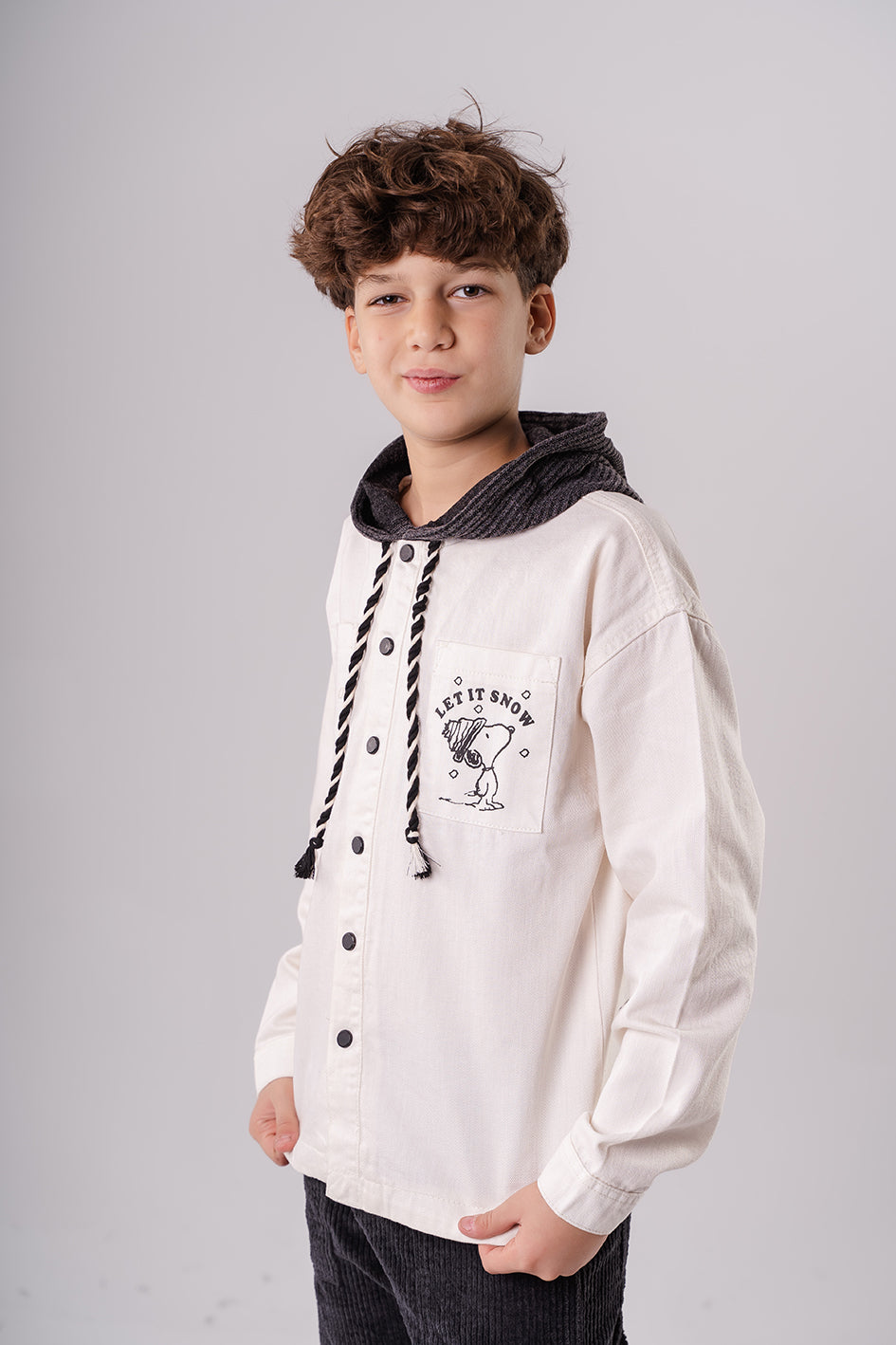 Boys Off White Linen Printed Jacket