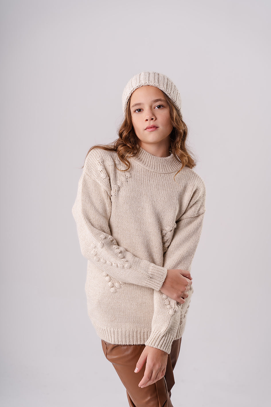 Girls Beige Knitted Crewneck Pullover