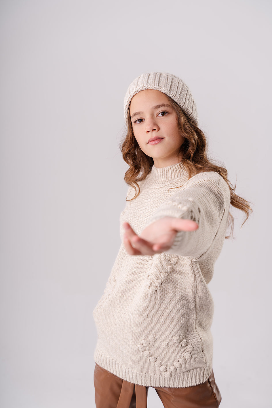 Girls Beige Knitted Crewneck Pullover