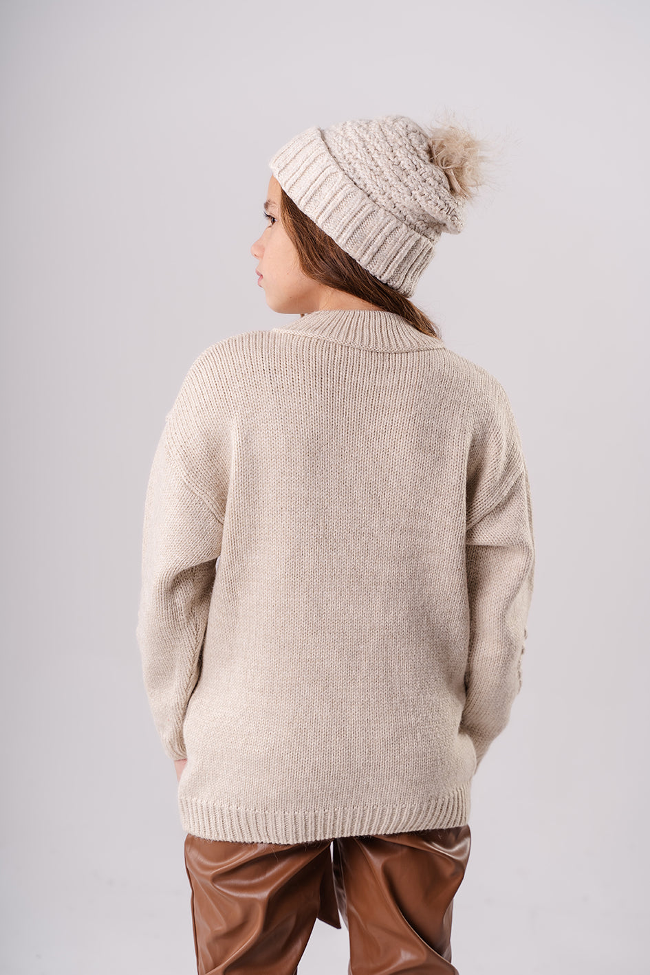 Girls Beige Knitted Crewneck Pullover