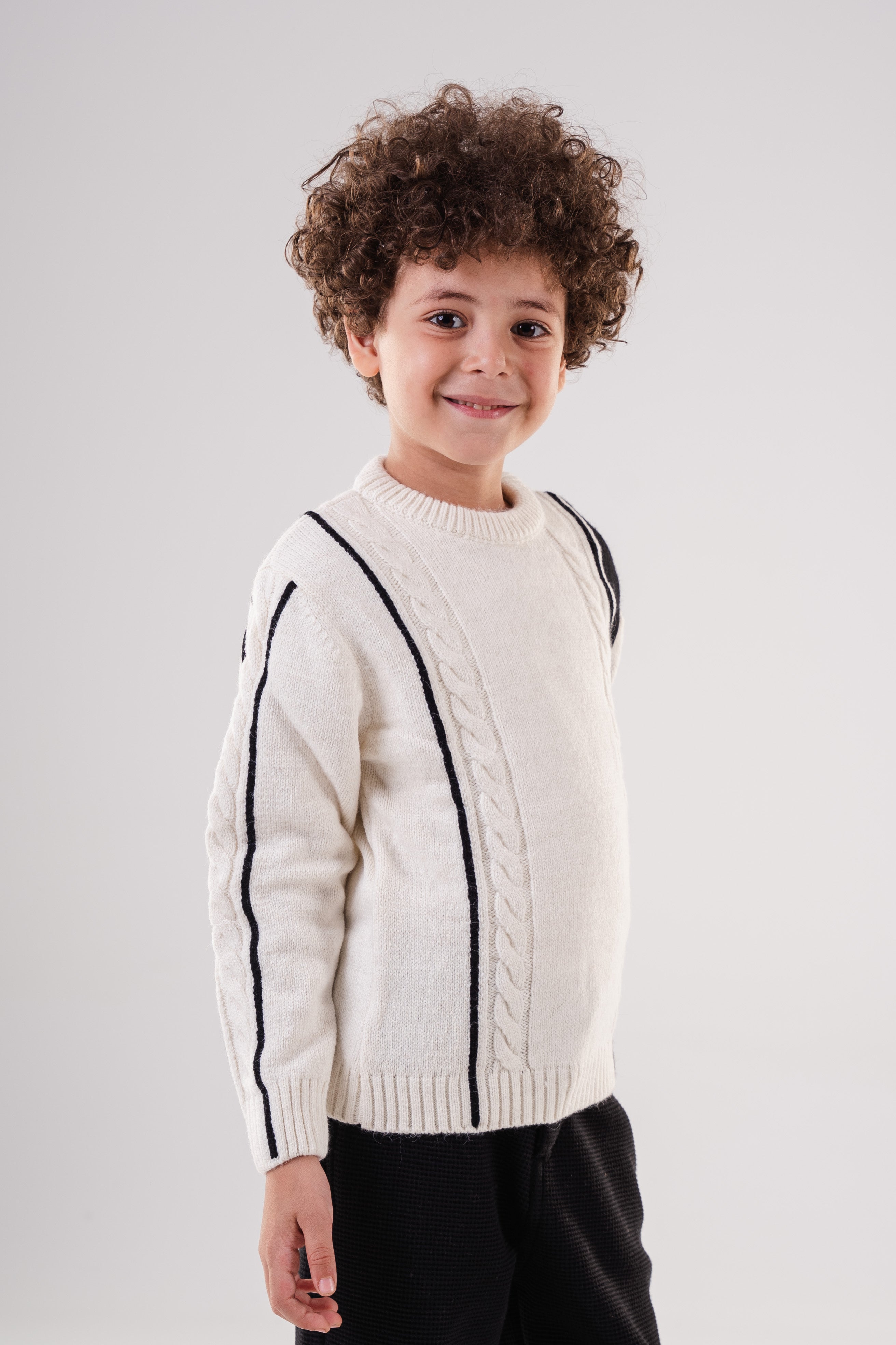 Boy's Textured Crewneck Sweater with Chunky Cable Knit
