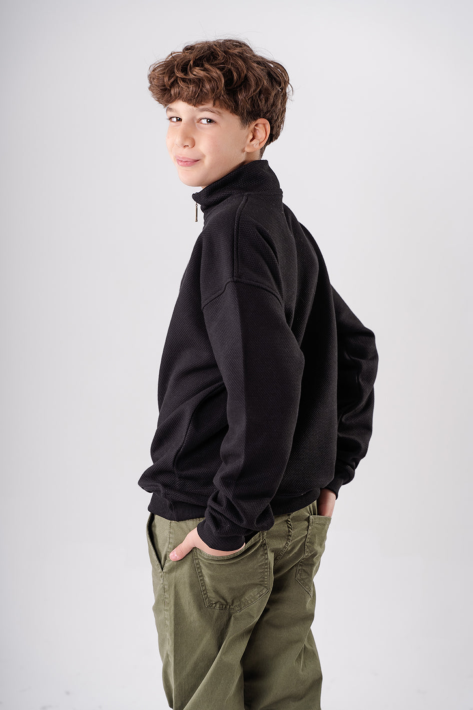Boys Black Sweatshirt with zip-up collar