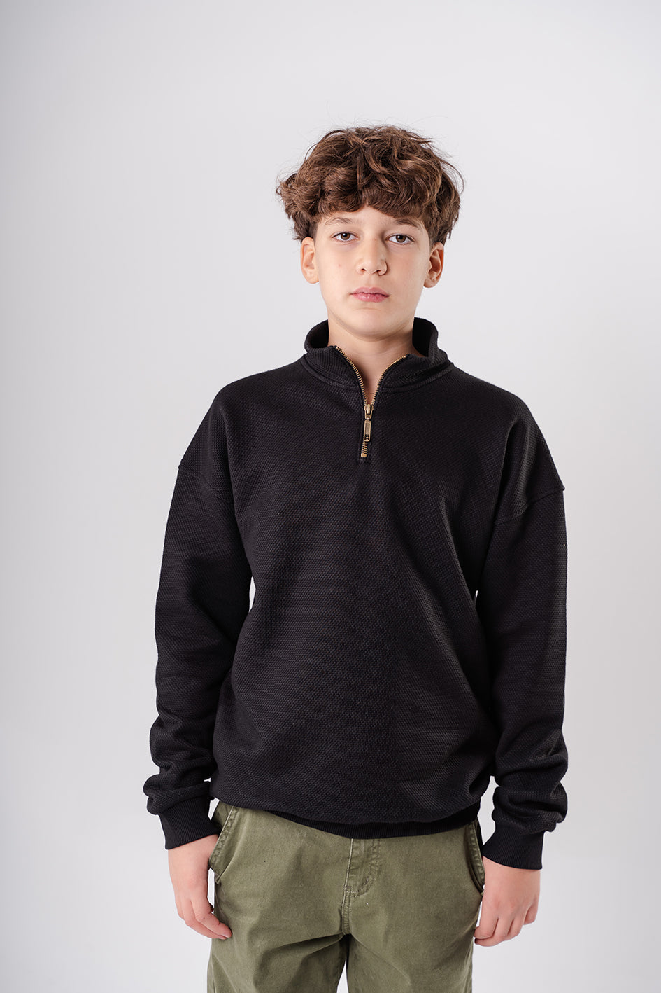 Boys Black Sweatshirt with zip-up collar