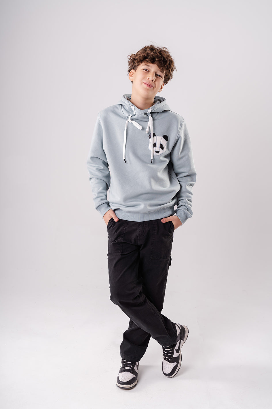 Boys Baby Blue Hoodie with Panda Face Embroidered