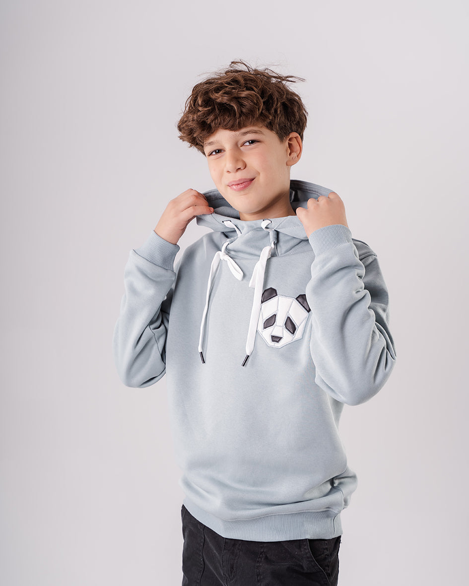 Boys Baby Blue Hoodie with Panda Face Embroidered