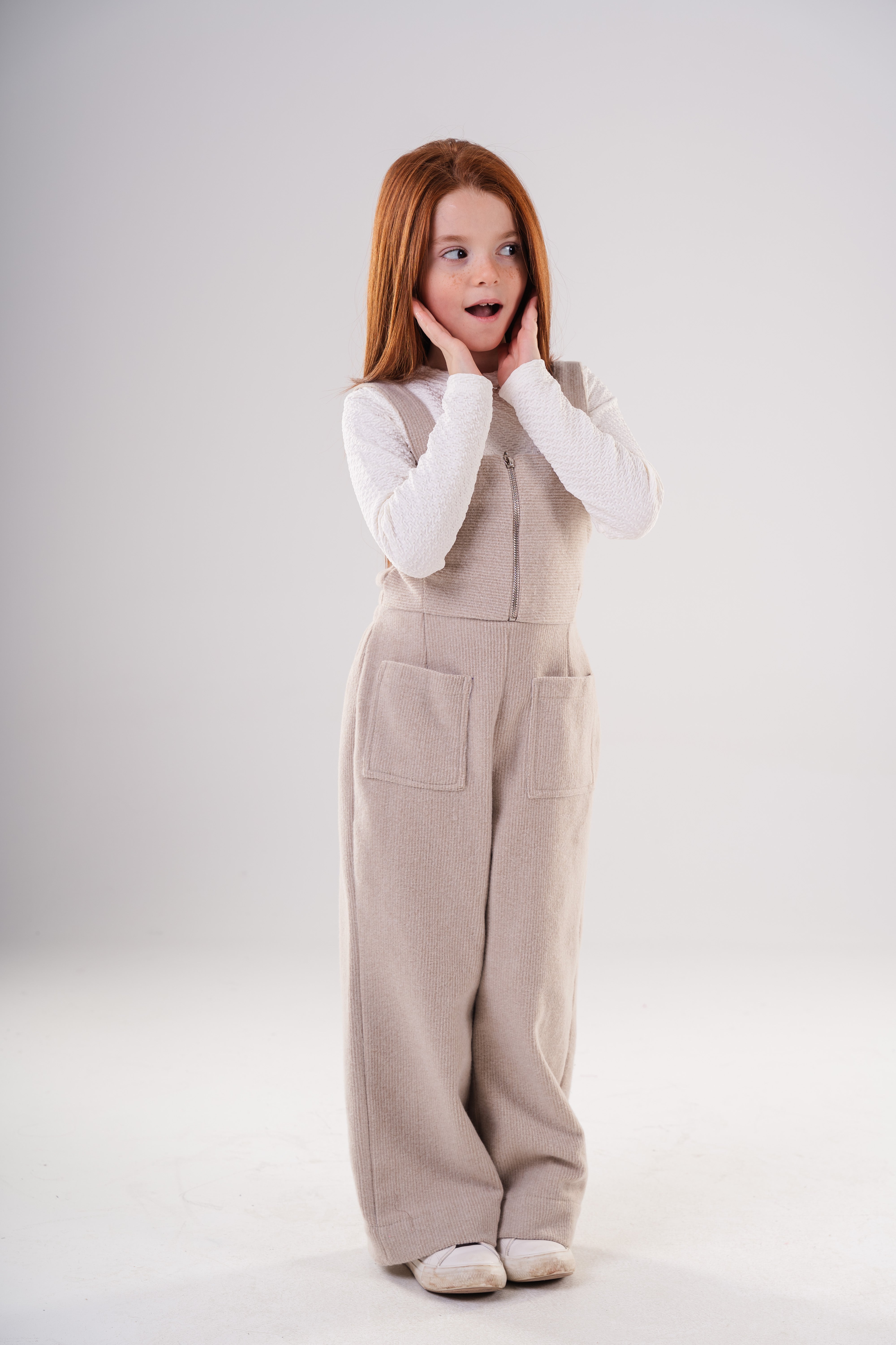 Girls Corduroy Wide-Leg Overalls Jumpsuit with Half-Zip