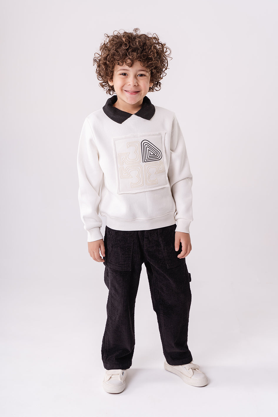 Boys White Polo Collar Sweatshirt With Print