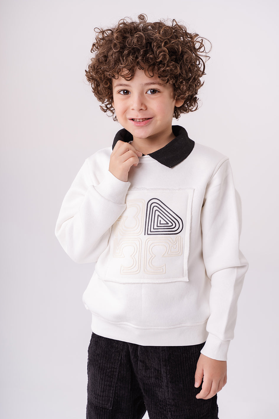 Boys White Polo Collar Sweatshirt With Print