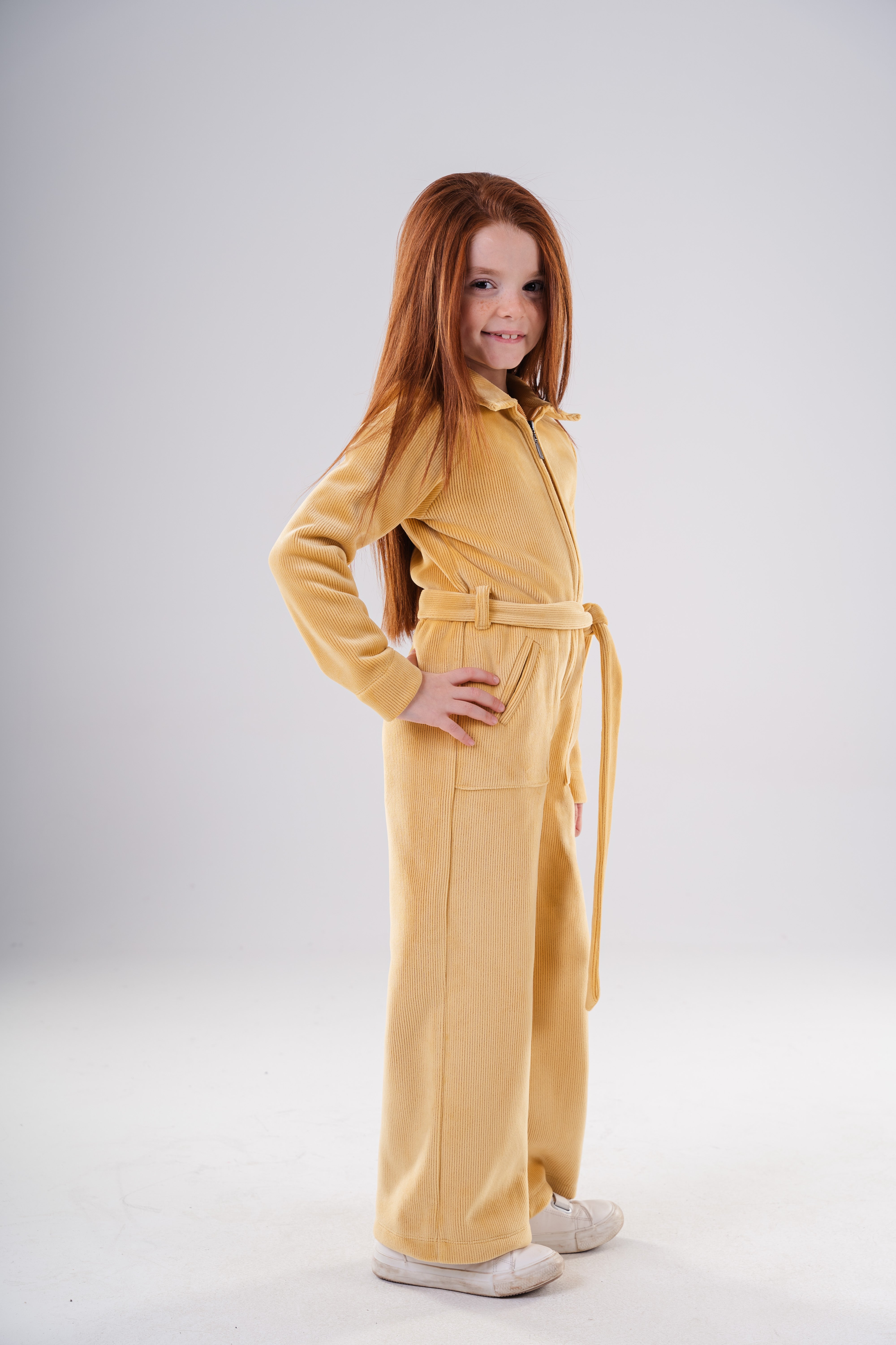 Girls High-Texture Corduroy Long Sleeve Jumpsuit