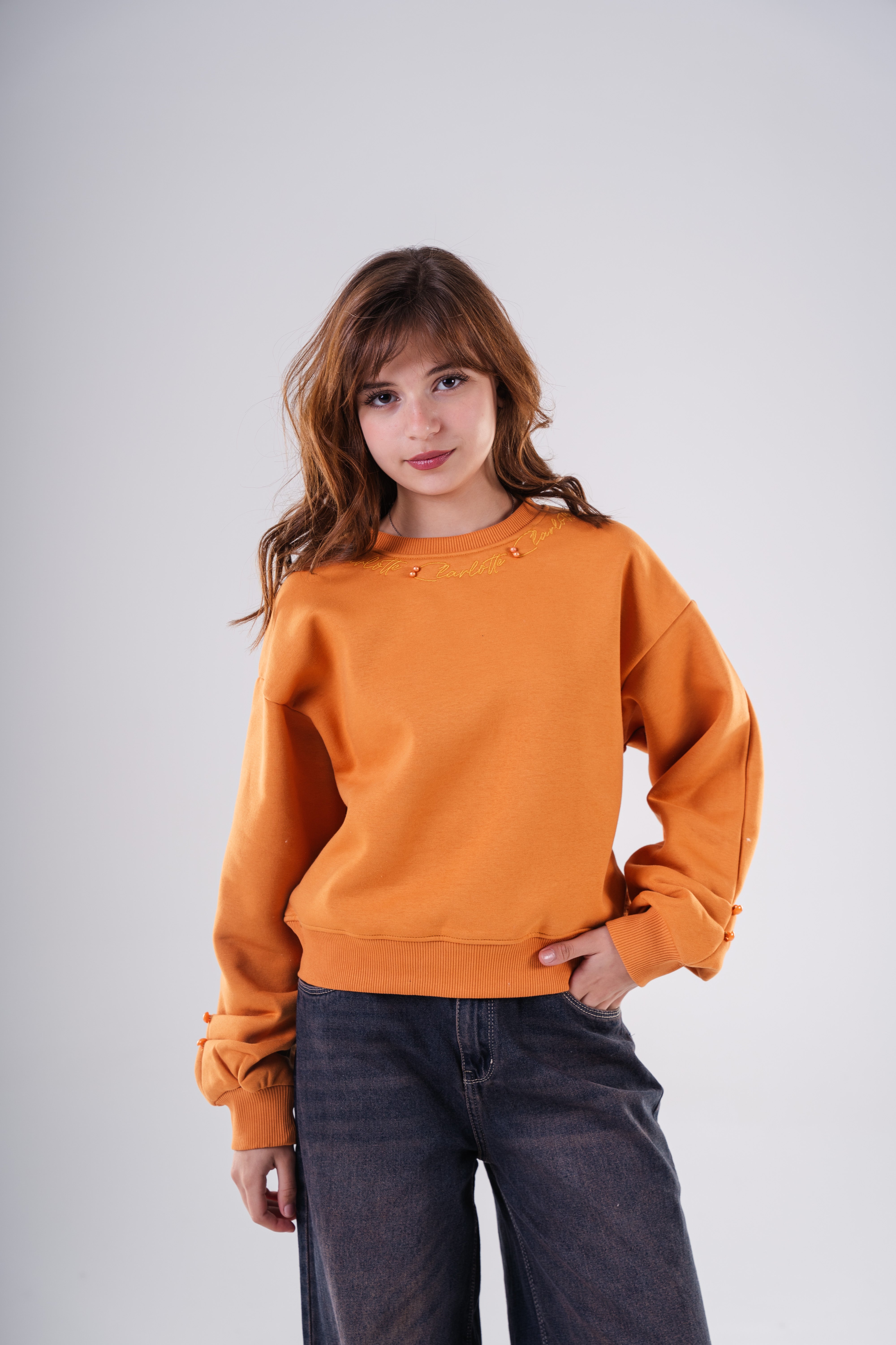 Girls Sweatshirt with Shoulder and Sleeve Embellishments