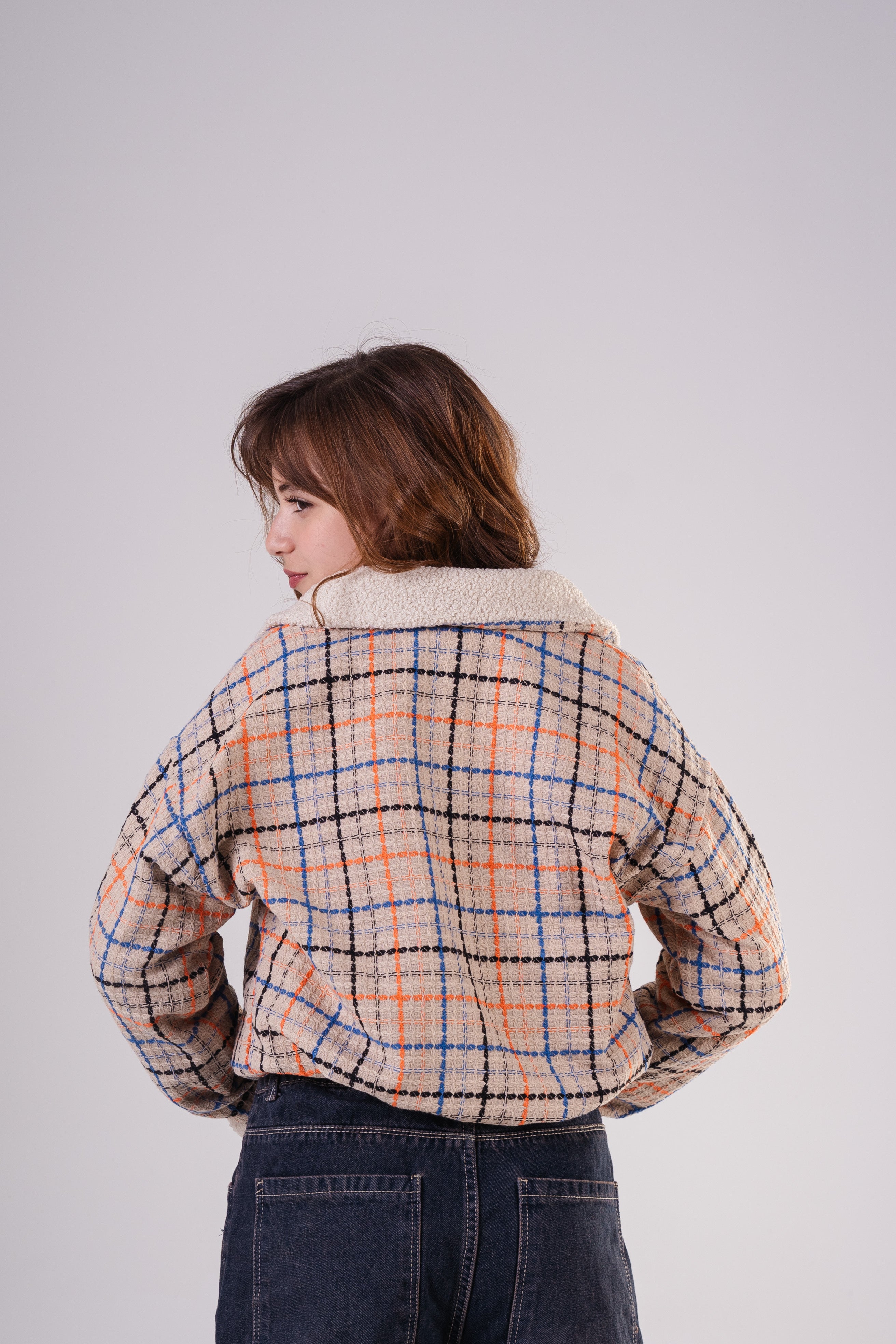 Girls Checkered Wool Blend Jacket with Fleece Cuffs