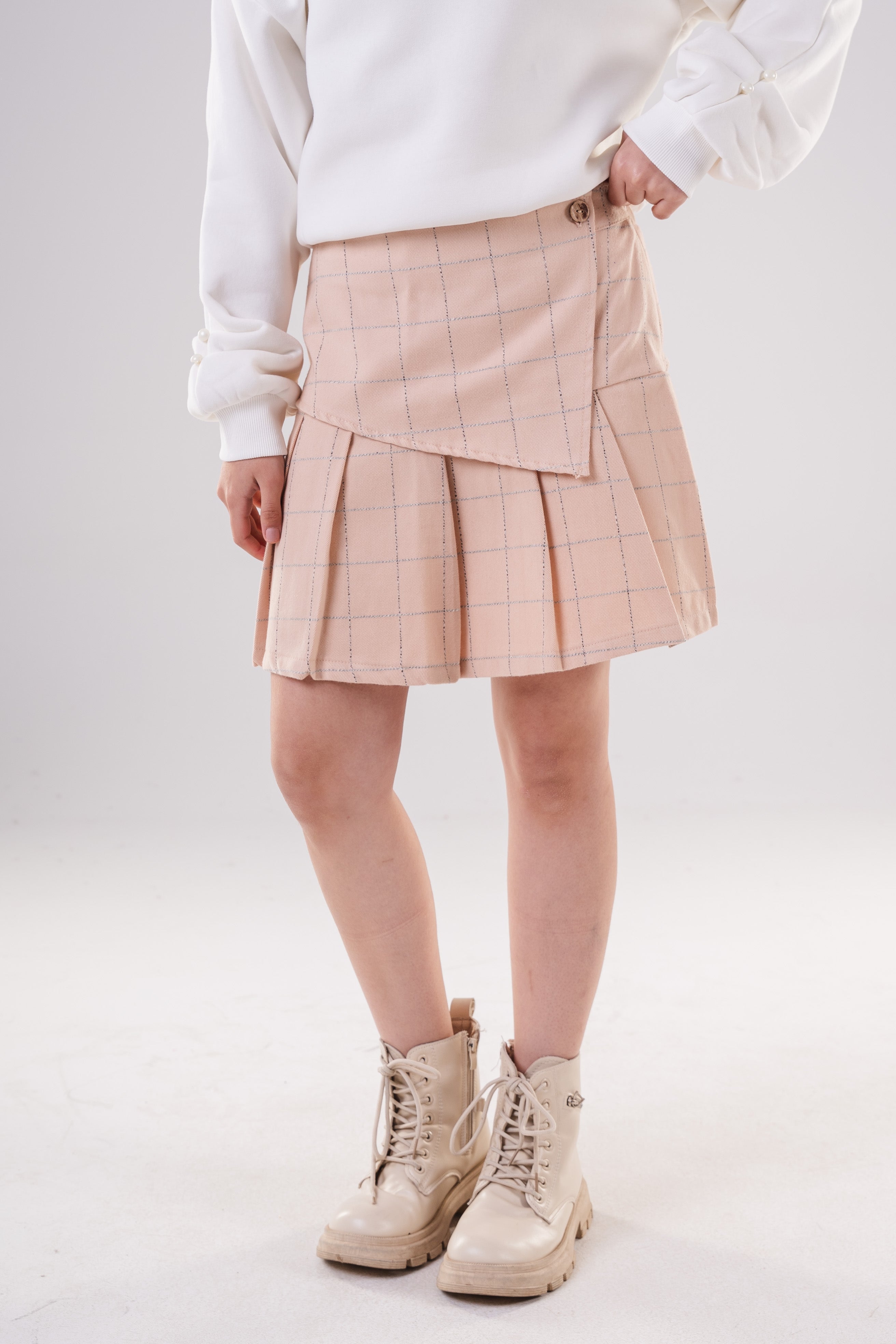 Girls Plaid  Pleated Skirt with Wrap Detail