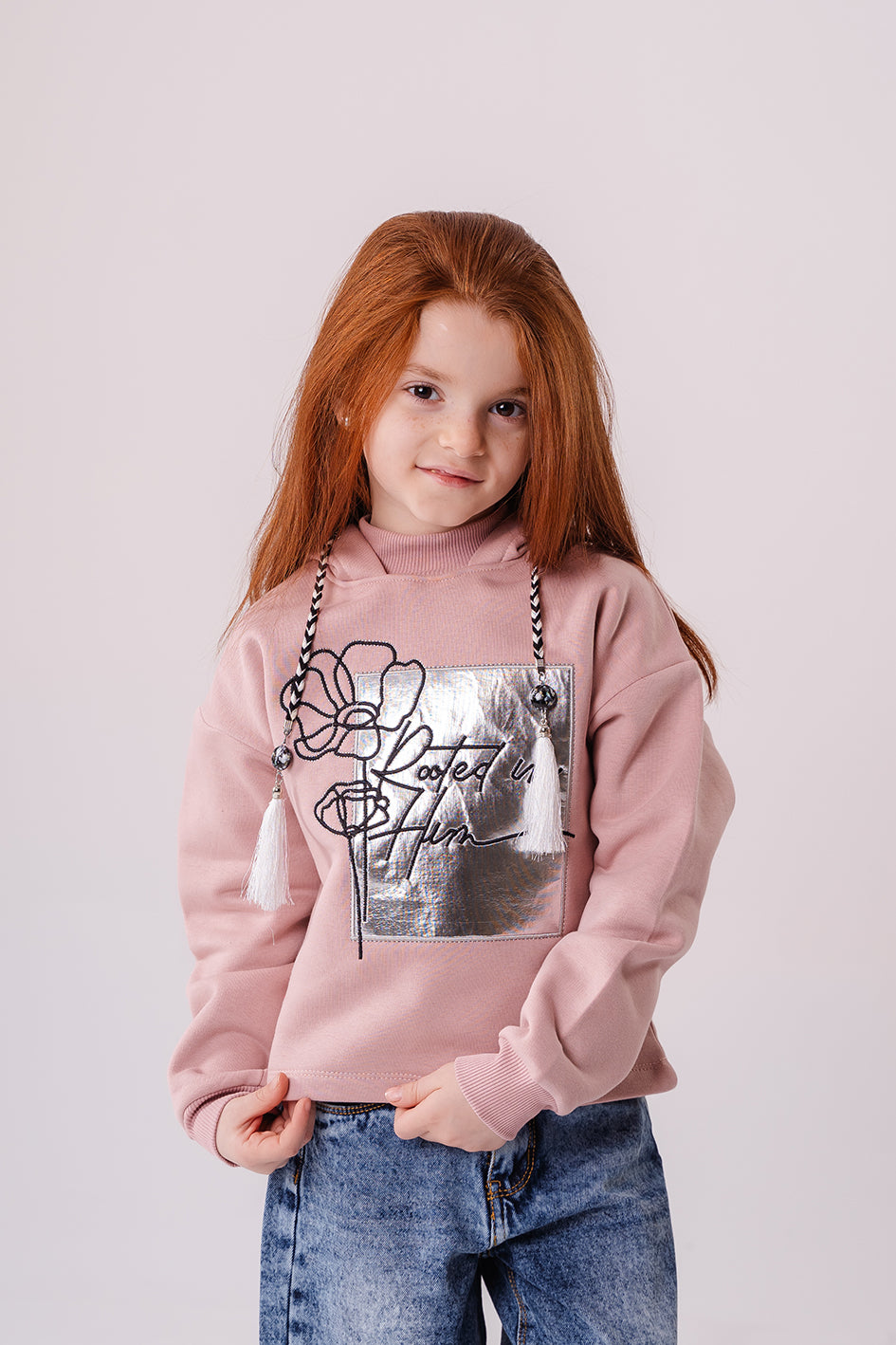 Girls Rose Fleece Embroidered Full Sleeves Hoodie