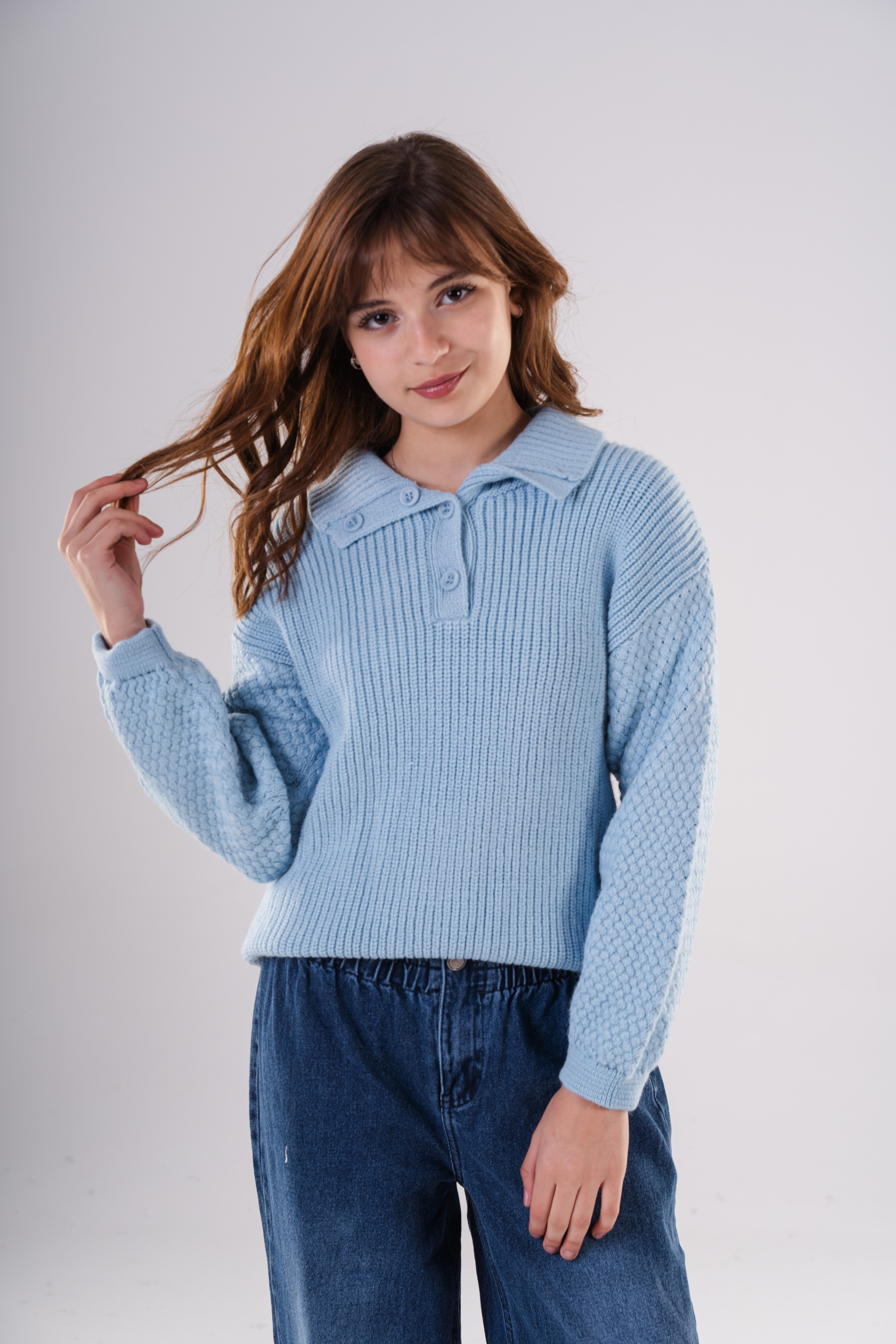 Girls Knit Pullover with Button Collar