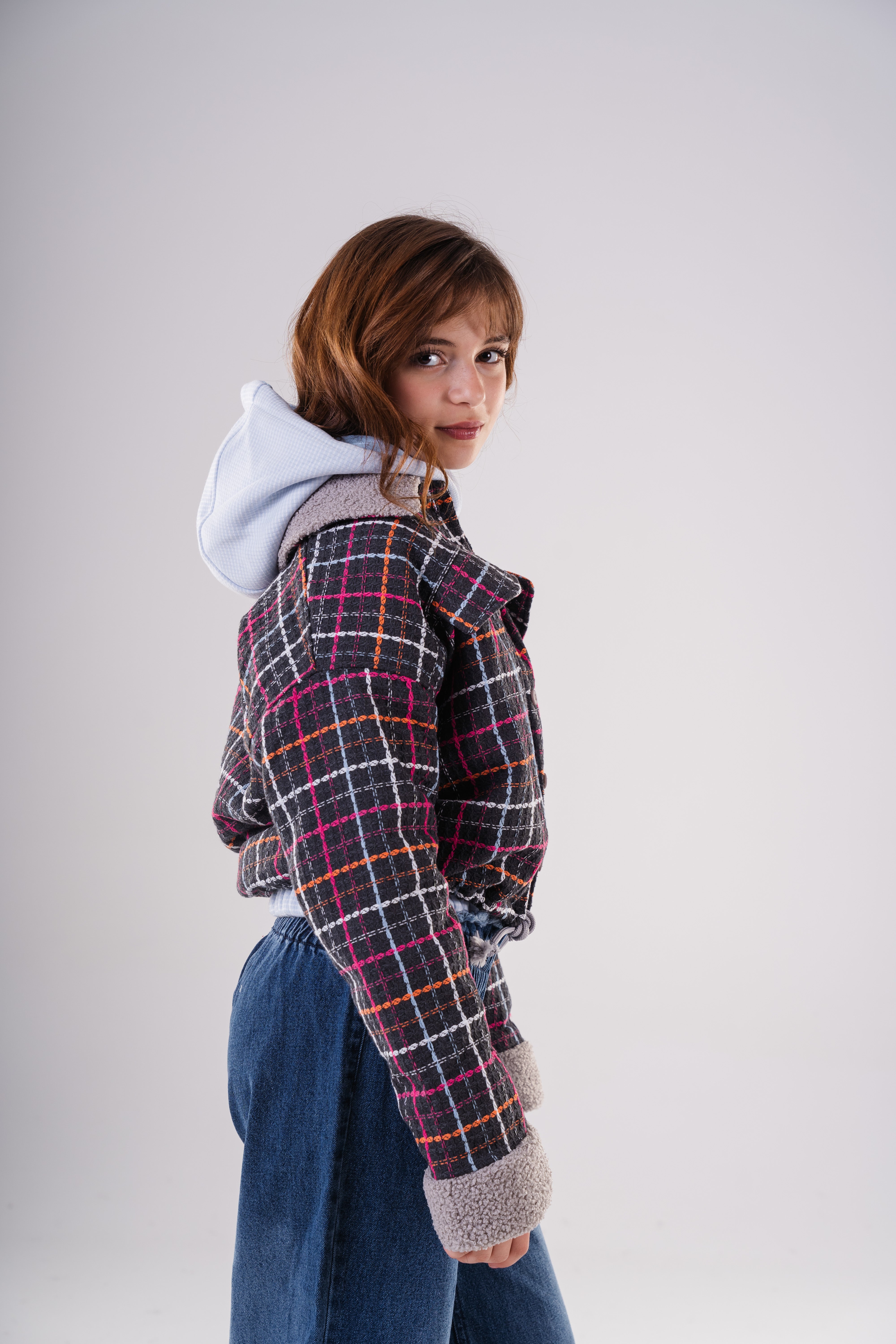 Girls Checkered Wool Blend Jacket with Fleece Cuffs