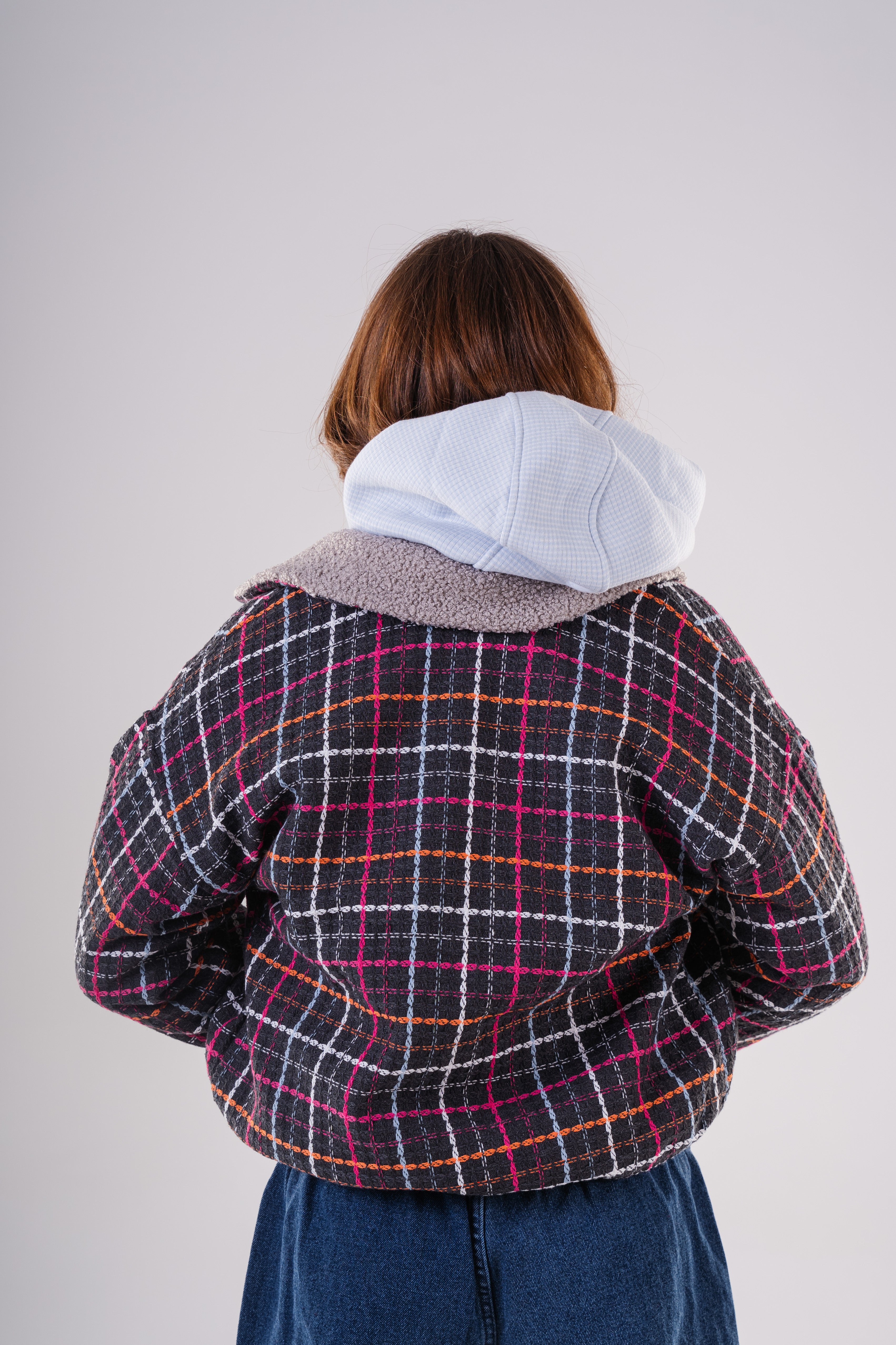 Girls Checkered Wool Blend Jacket with Fleece Cuffs