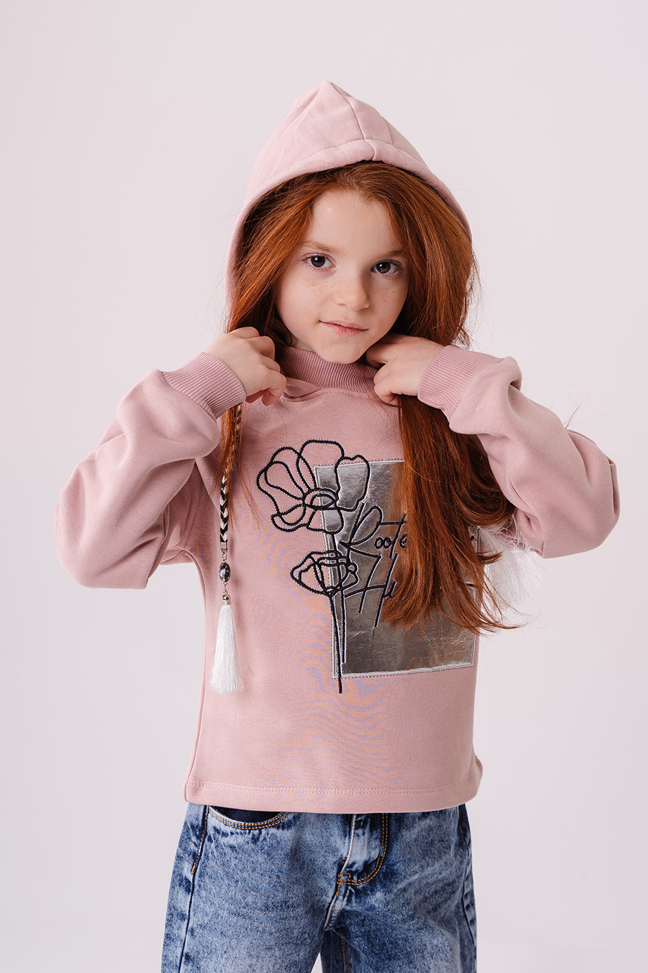 Girls Rose Fleece Embroidered Full Sleeves Hoodie