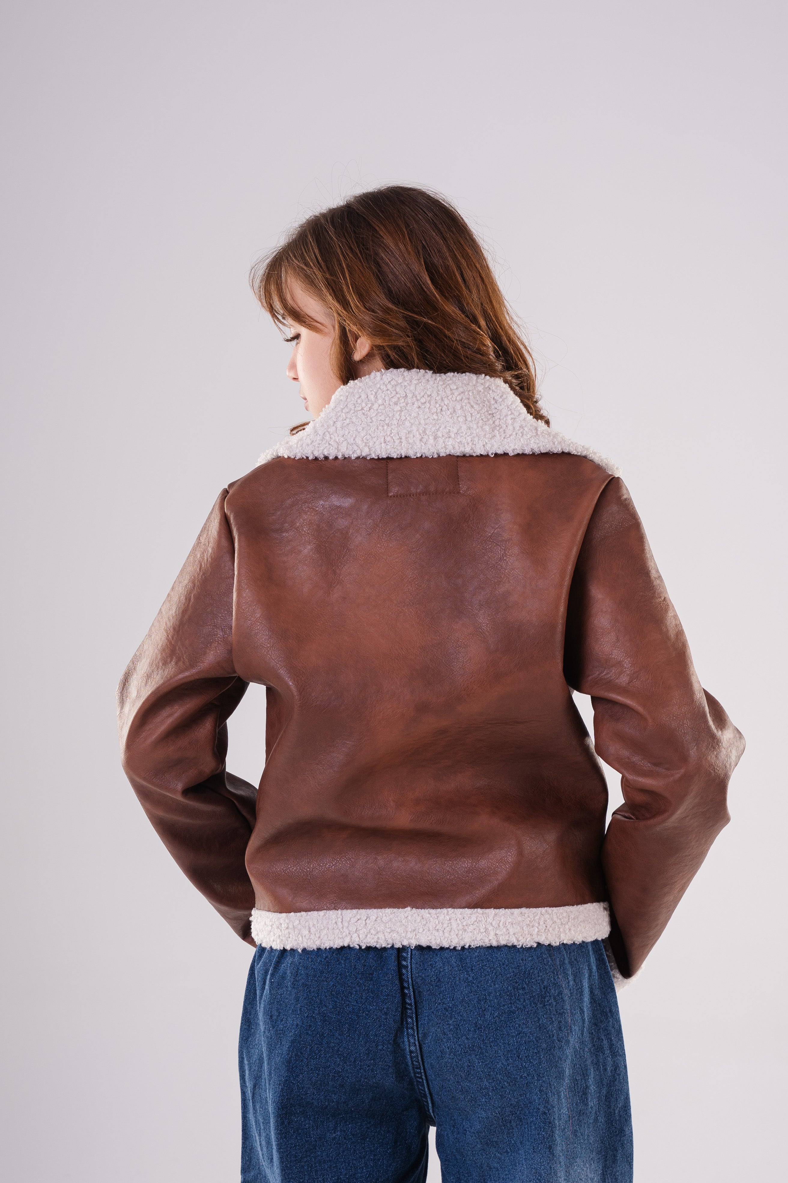 Girls Classic Aviator Style Faux Leather Jacket