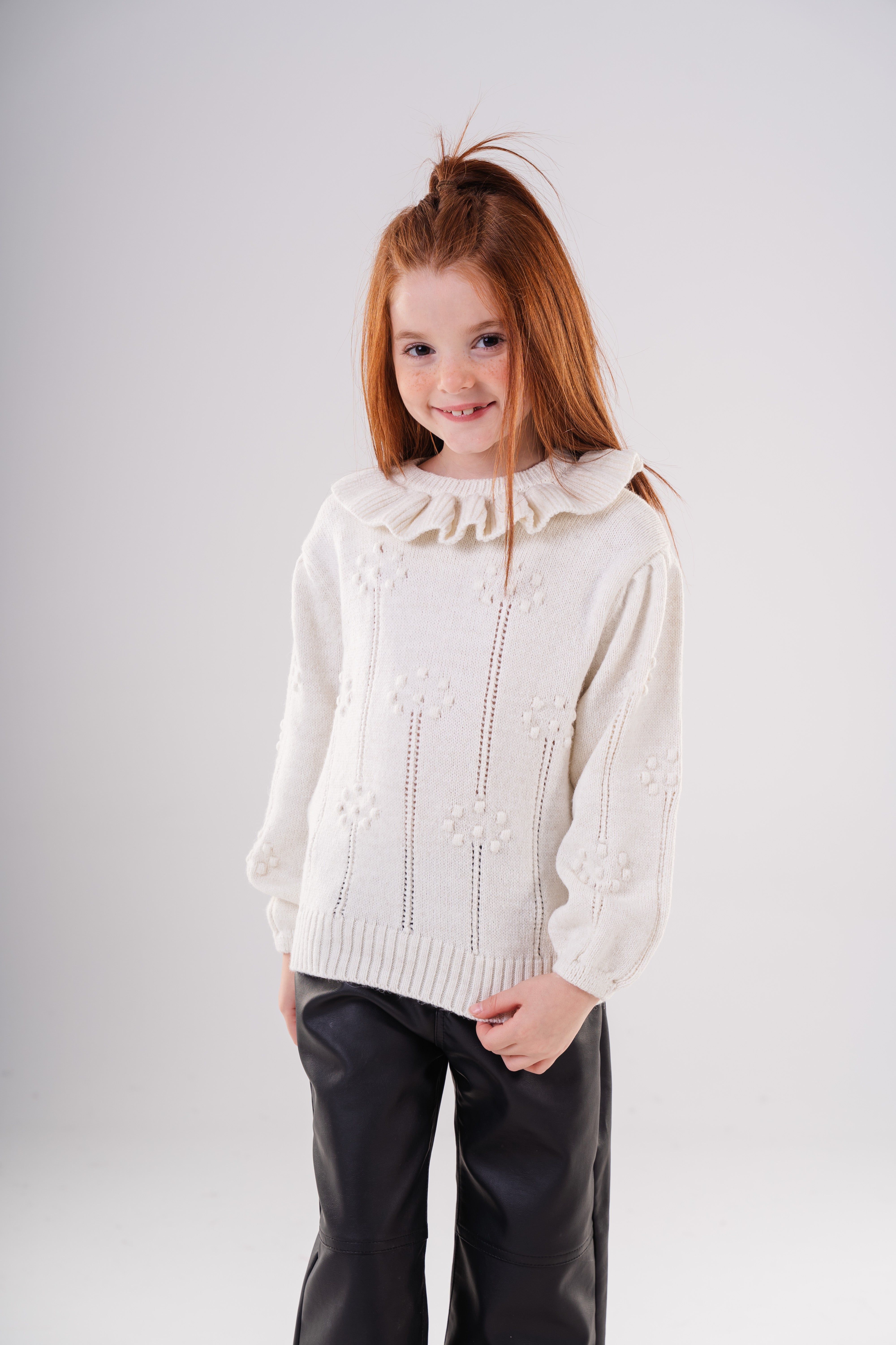 Girls Ruffled Collar Pointelle Knit Sweater
