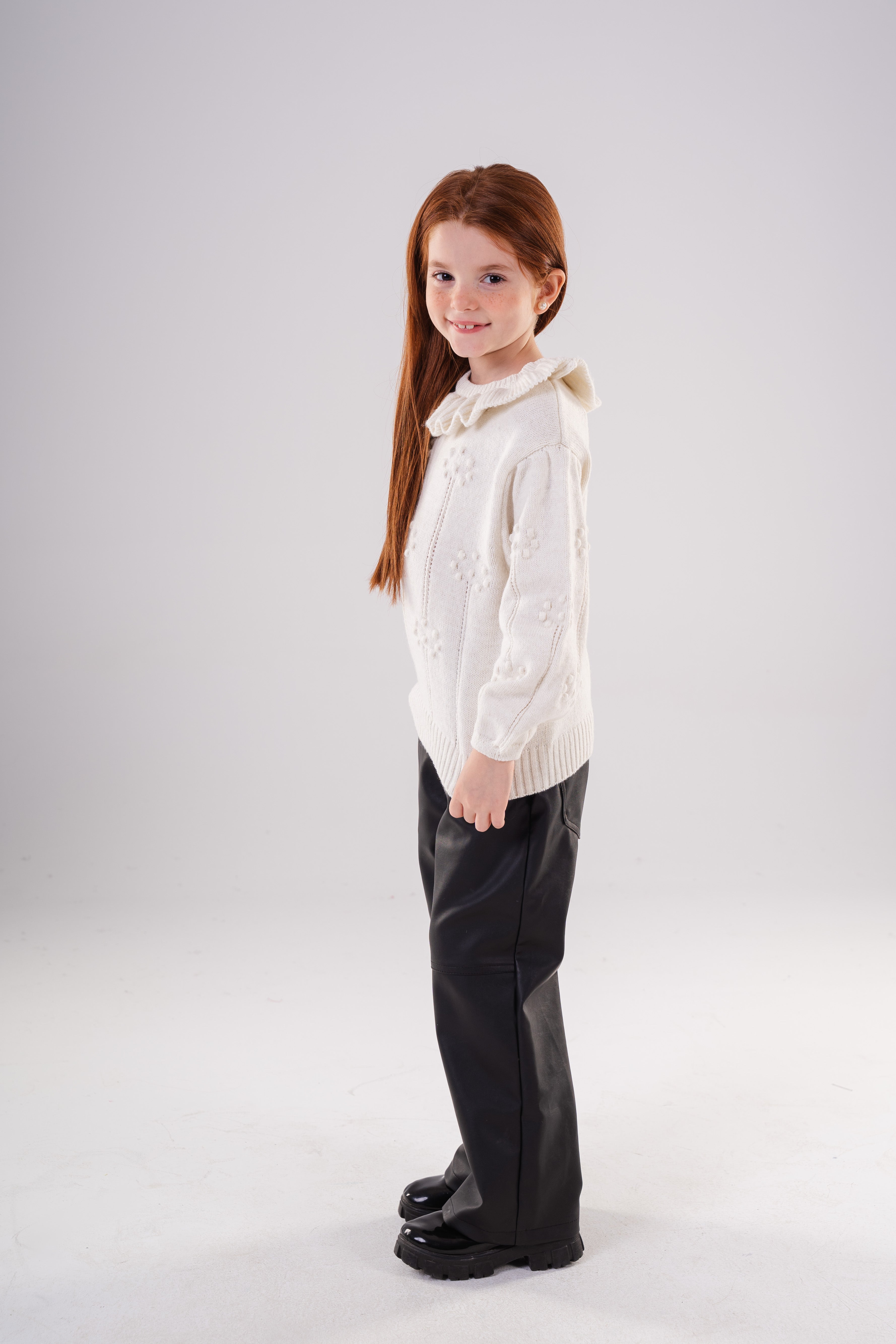 Girls Ruffled Collar Pointelle Knit Sweater