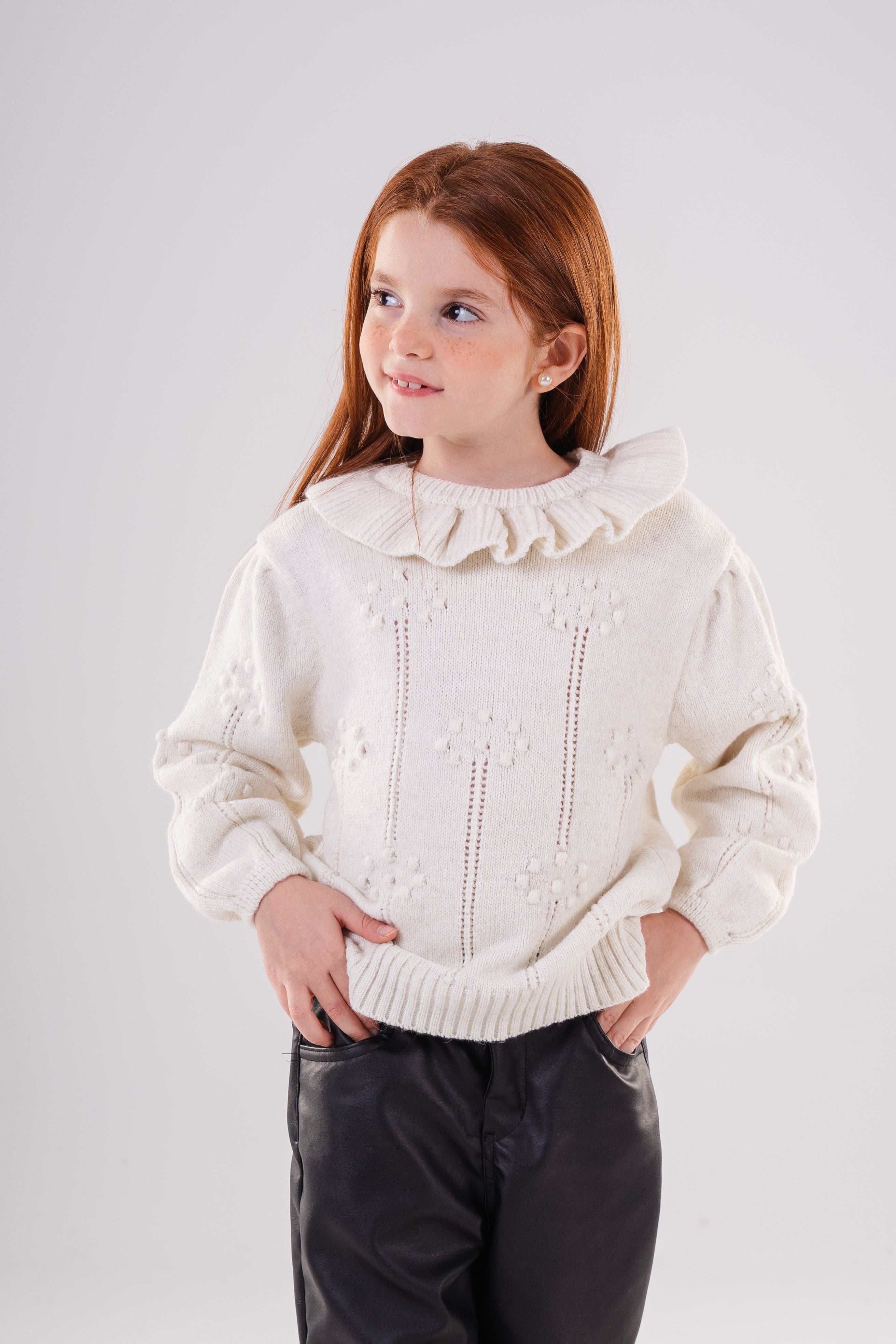 Girls Ruffled Collar Pointelle Knit Sweater