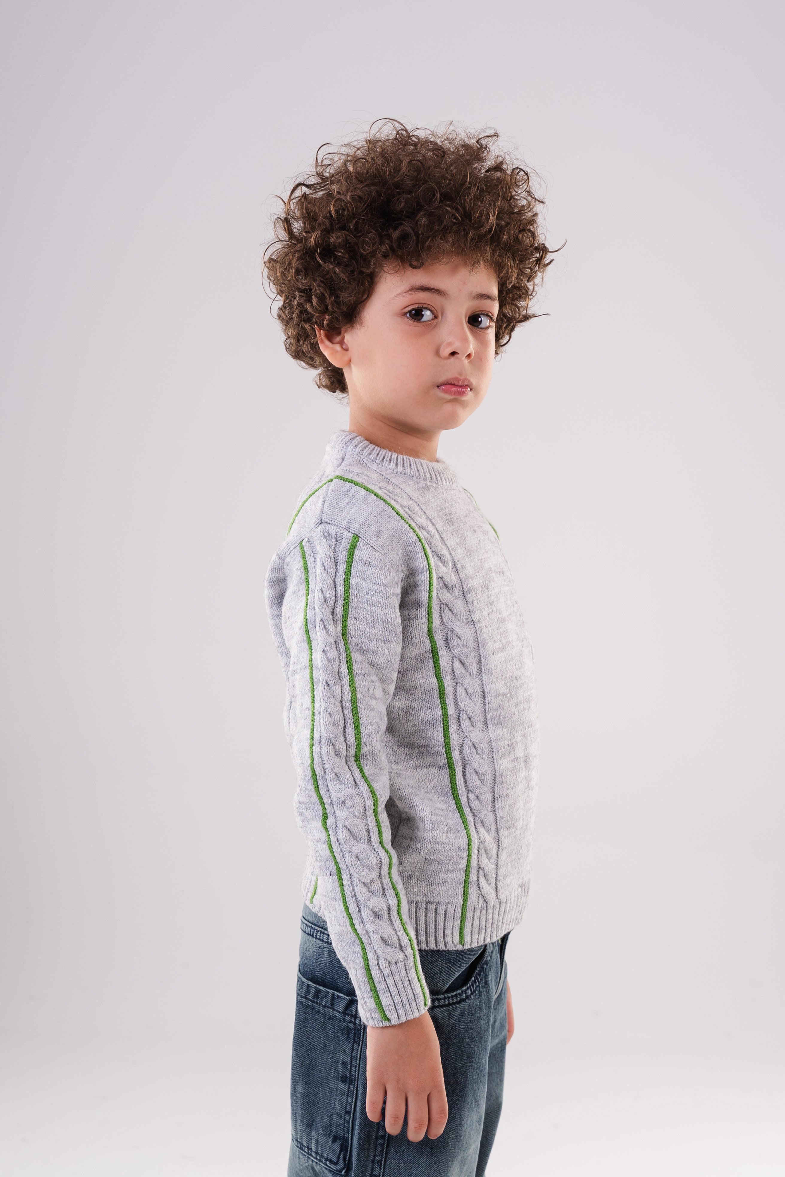 Boy's Textured Crewneck Sweater with Chunky Cable Knit