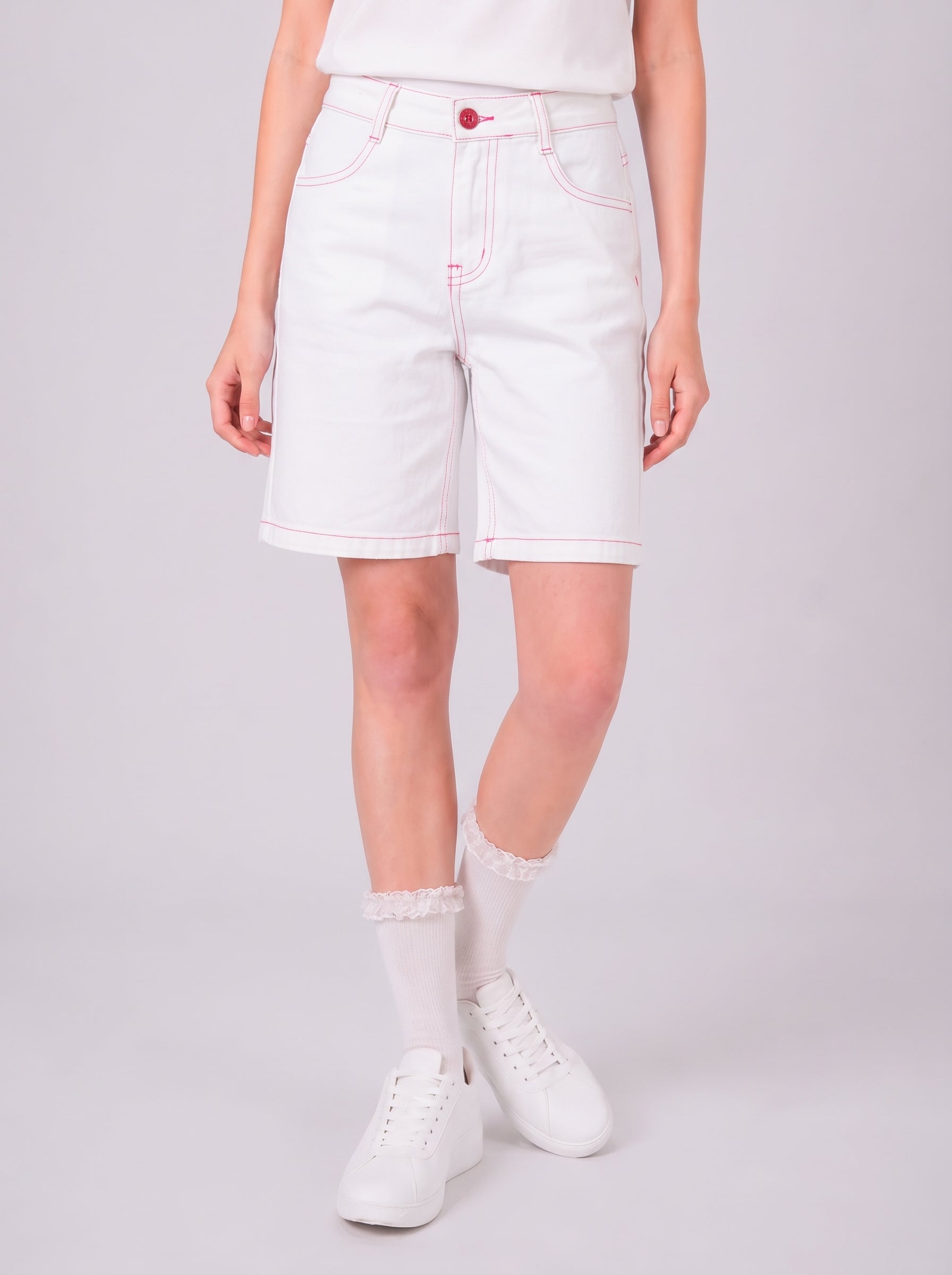 Girl White Bermuda Shorts with Contrast Stitching