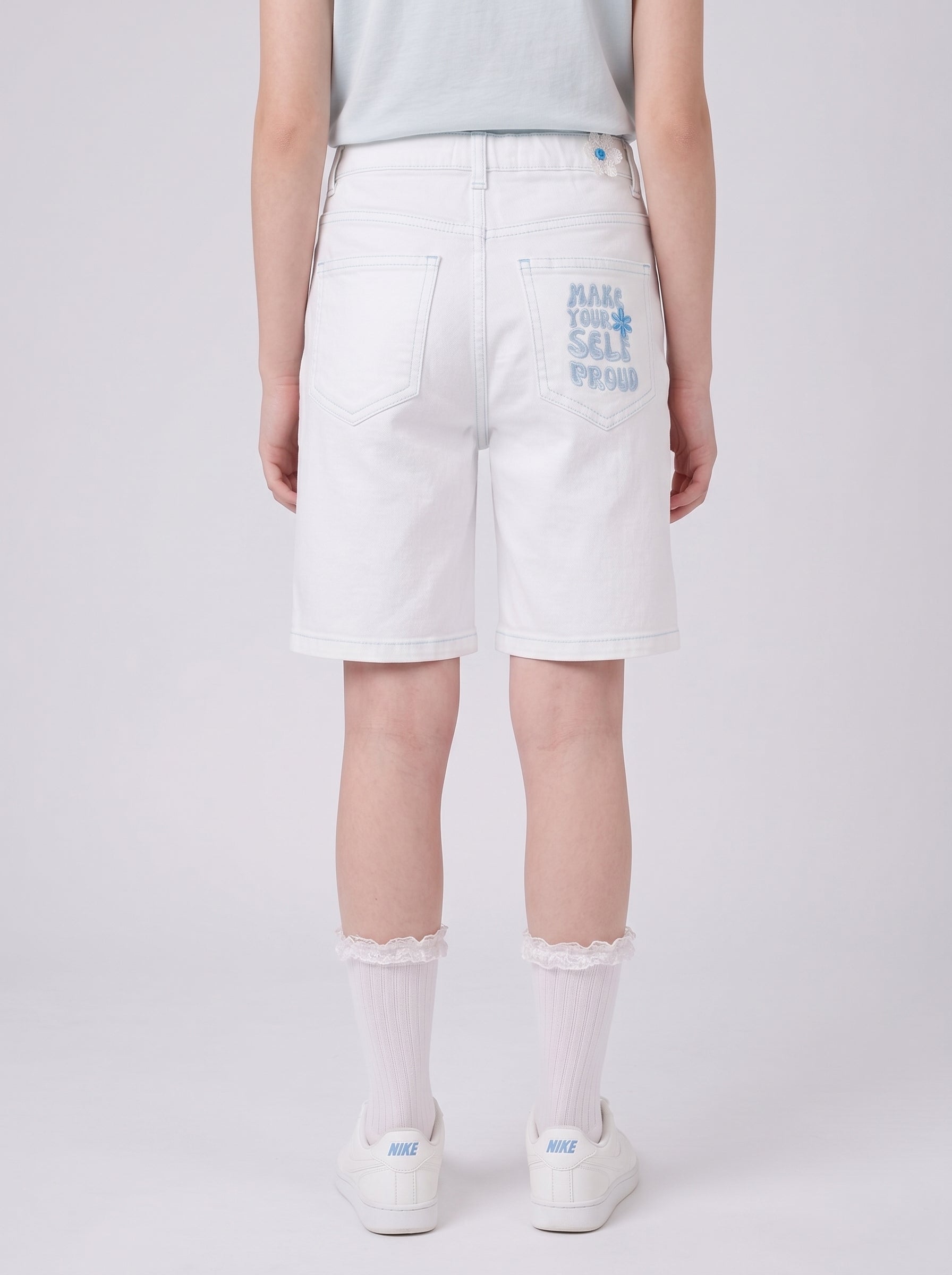 Girl White Bermuda Shorts with Contrast Stitching