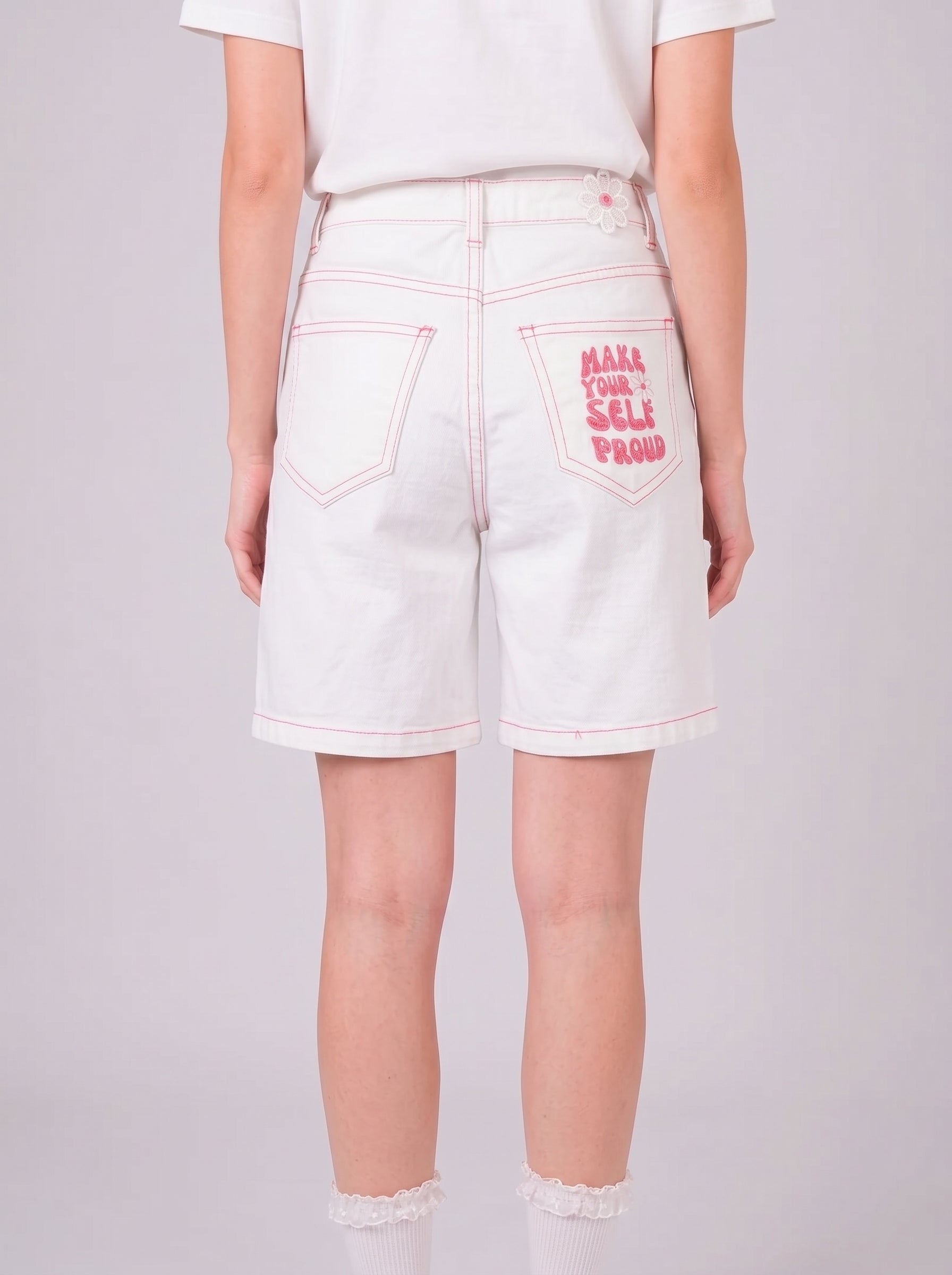 Girl White Bermuda Shorts with Contrast Stitching