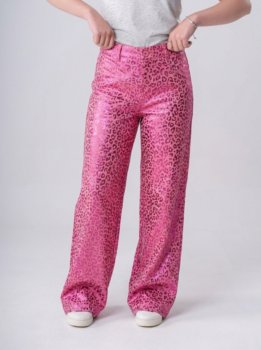 Girls’ Leopard Print High-Waist Trousers – Trendy Wide-Leg Pants