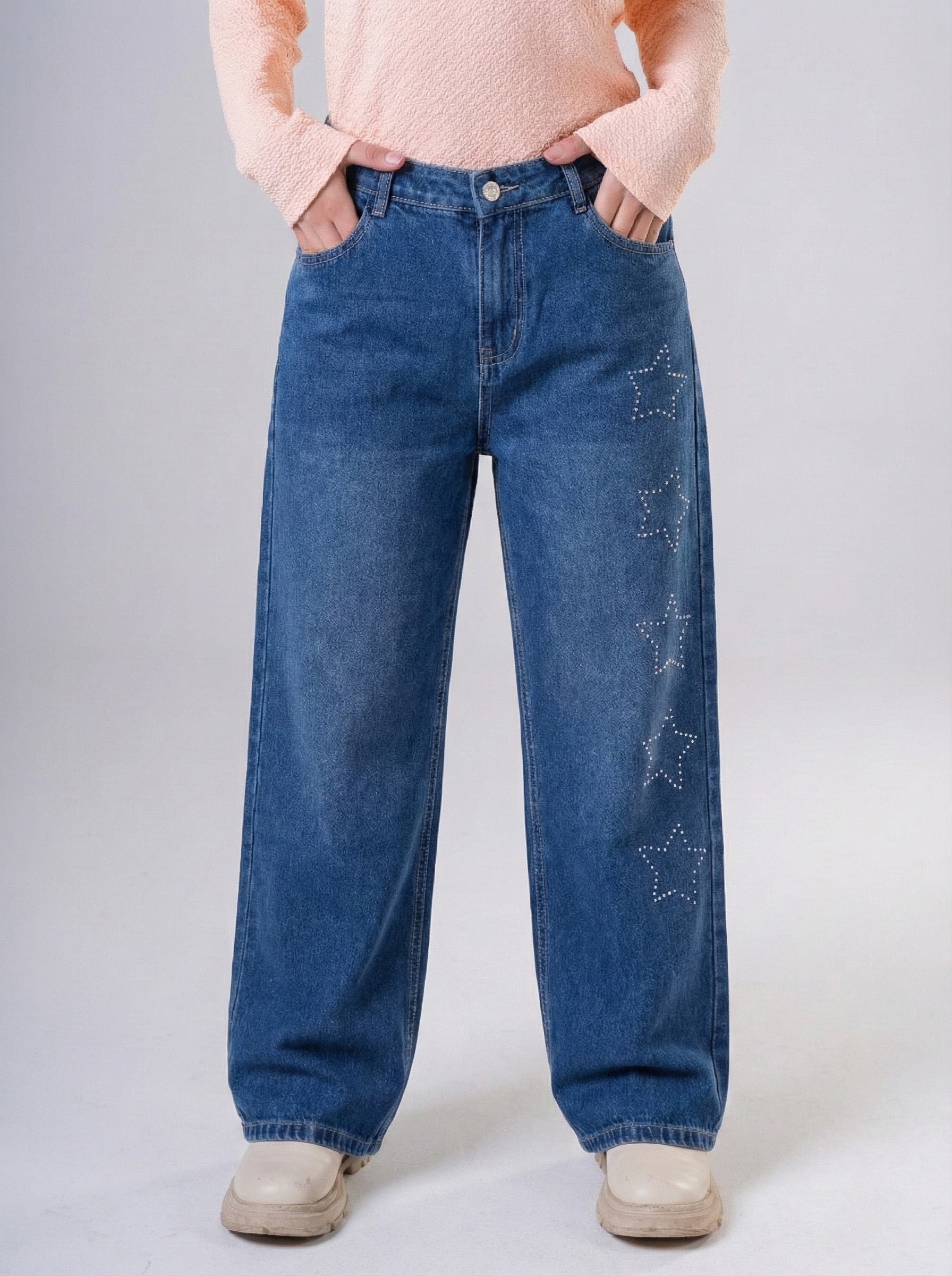 Girls High-Waisted Wide Leg Jeans with Rhinestone Star Detail