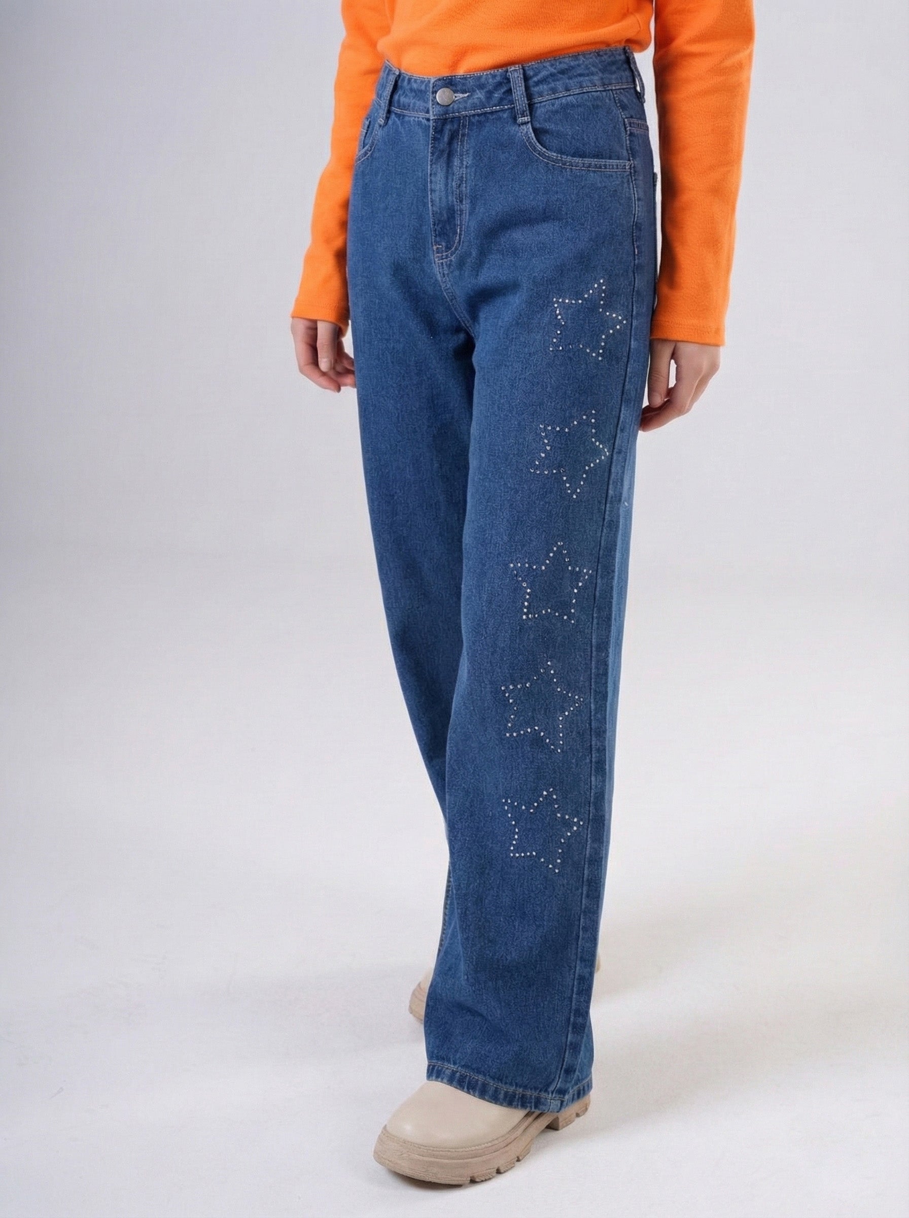 Girls High-Waisted Wide Leg Jeans with Rhinestone Star Detail