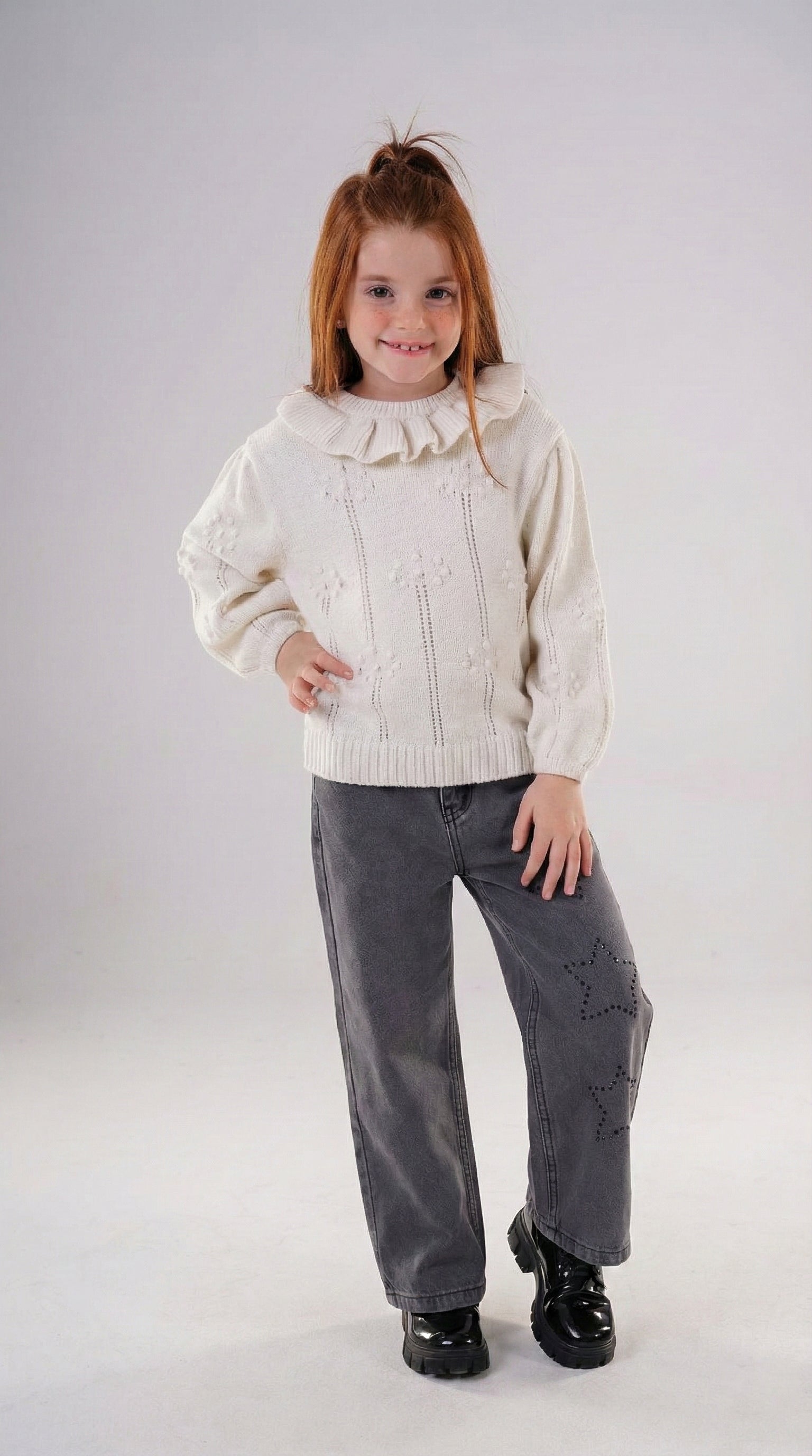 Girls High-Waisted Wide Leg Jeans with Rhinestone Star Detail