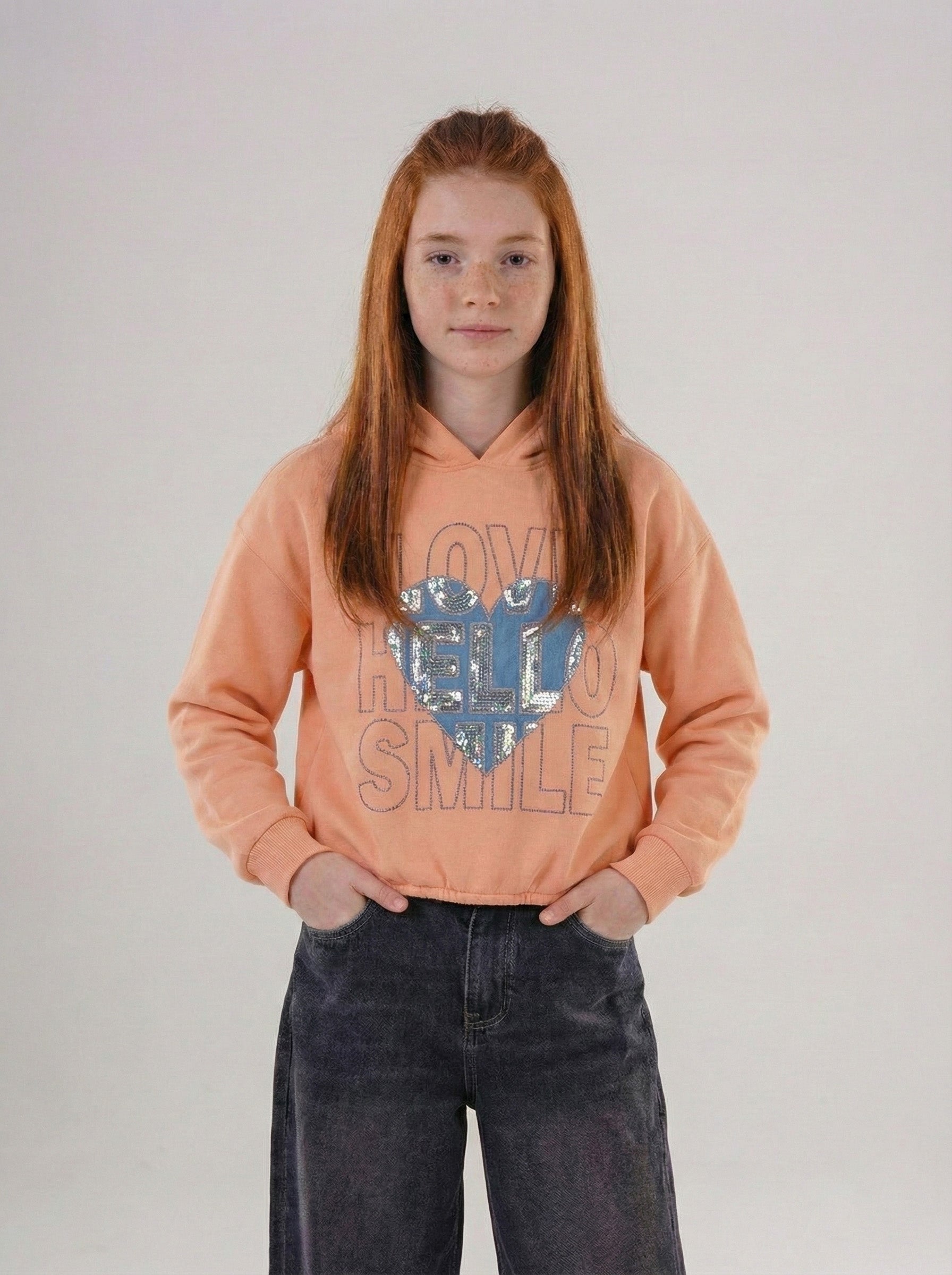 Girls' "Love Hello Smile" Sequin Heart Cropped Hoodie
