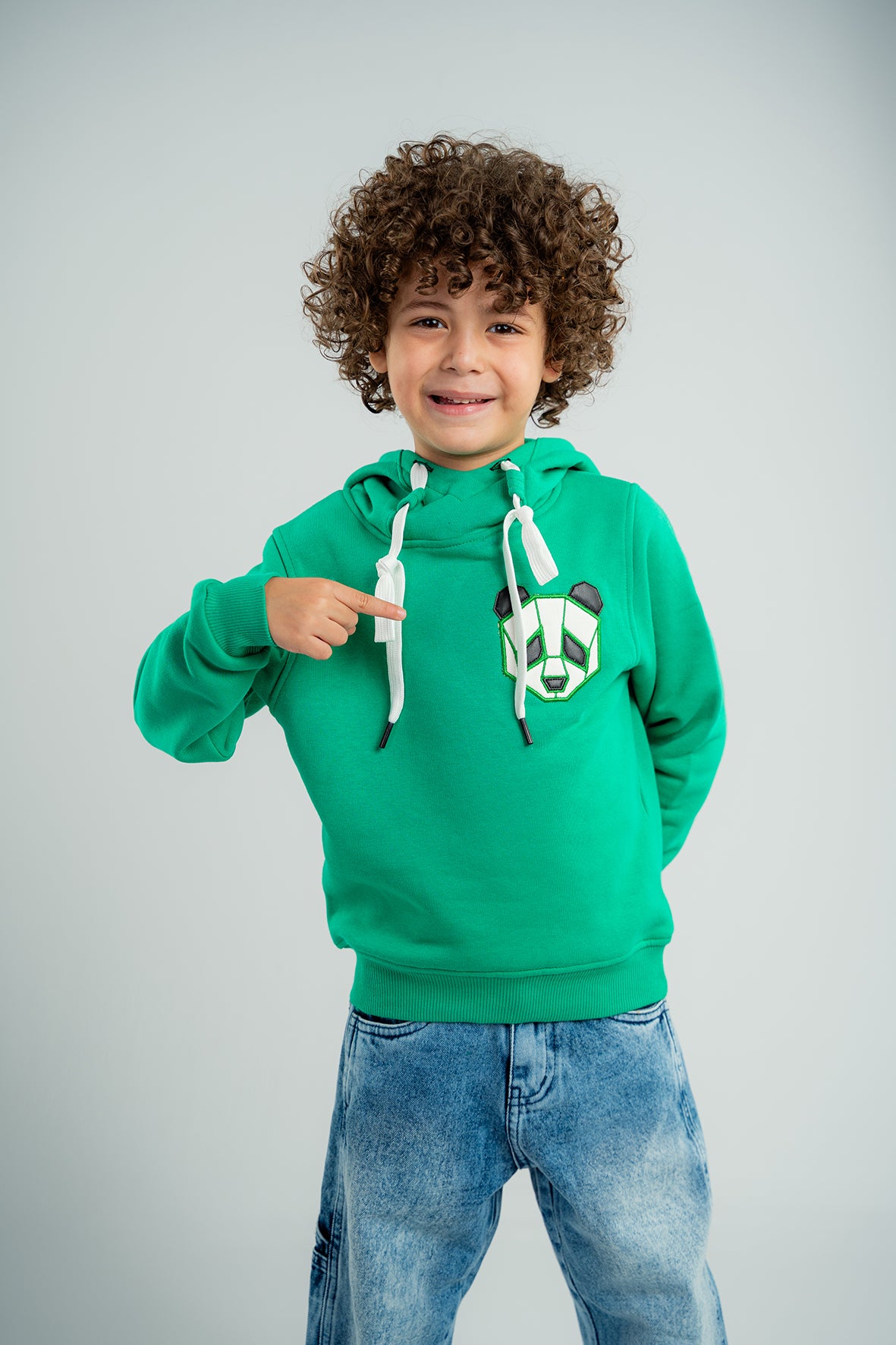 Boys Green Hoodie with Panda Face Embroidered