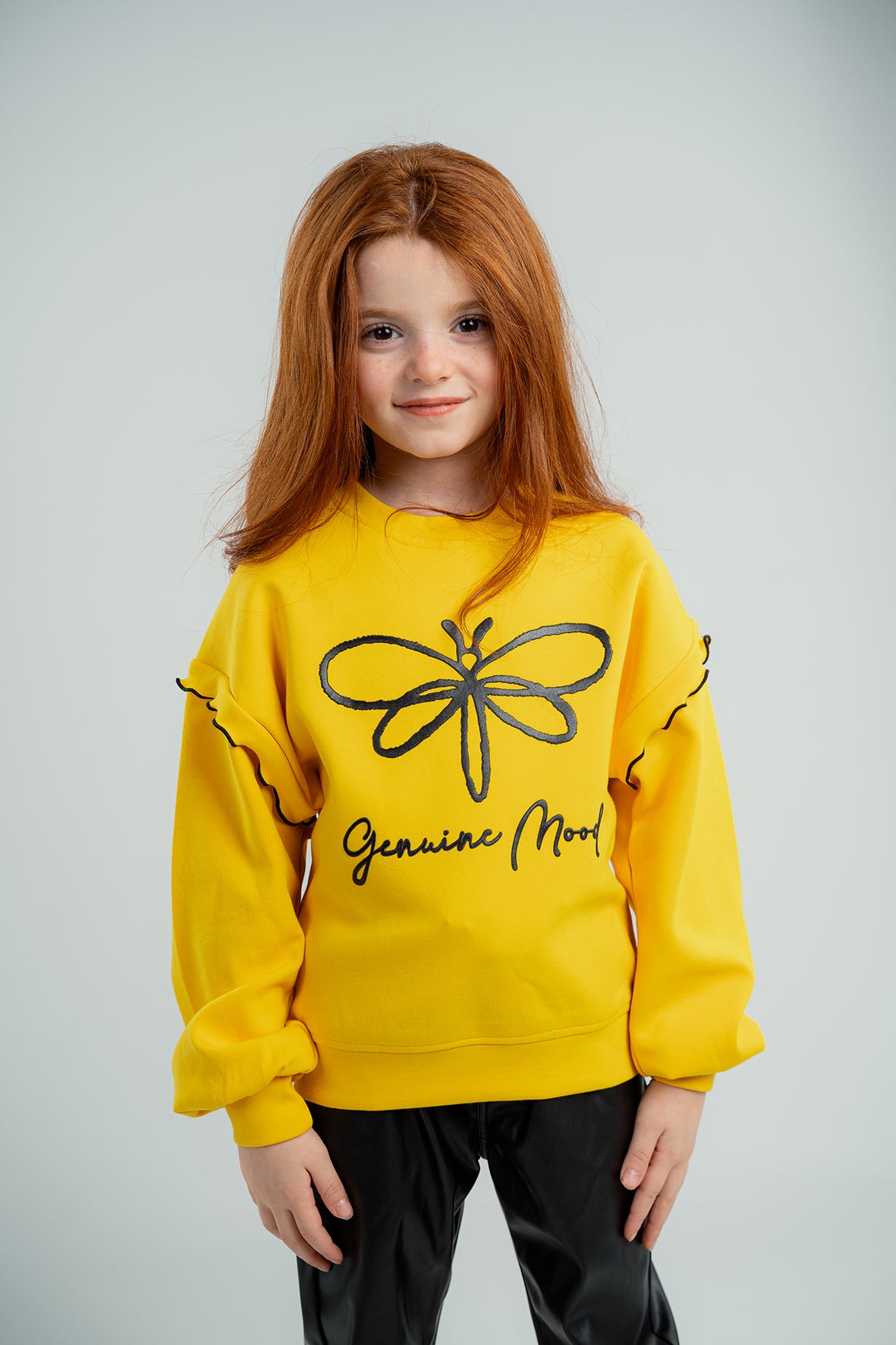 Girls Yellow Crew Neck Long Sleeve Printed