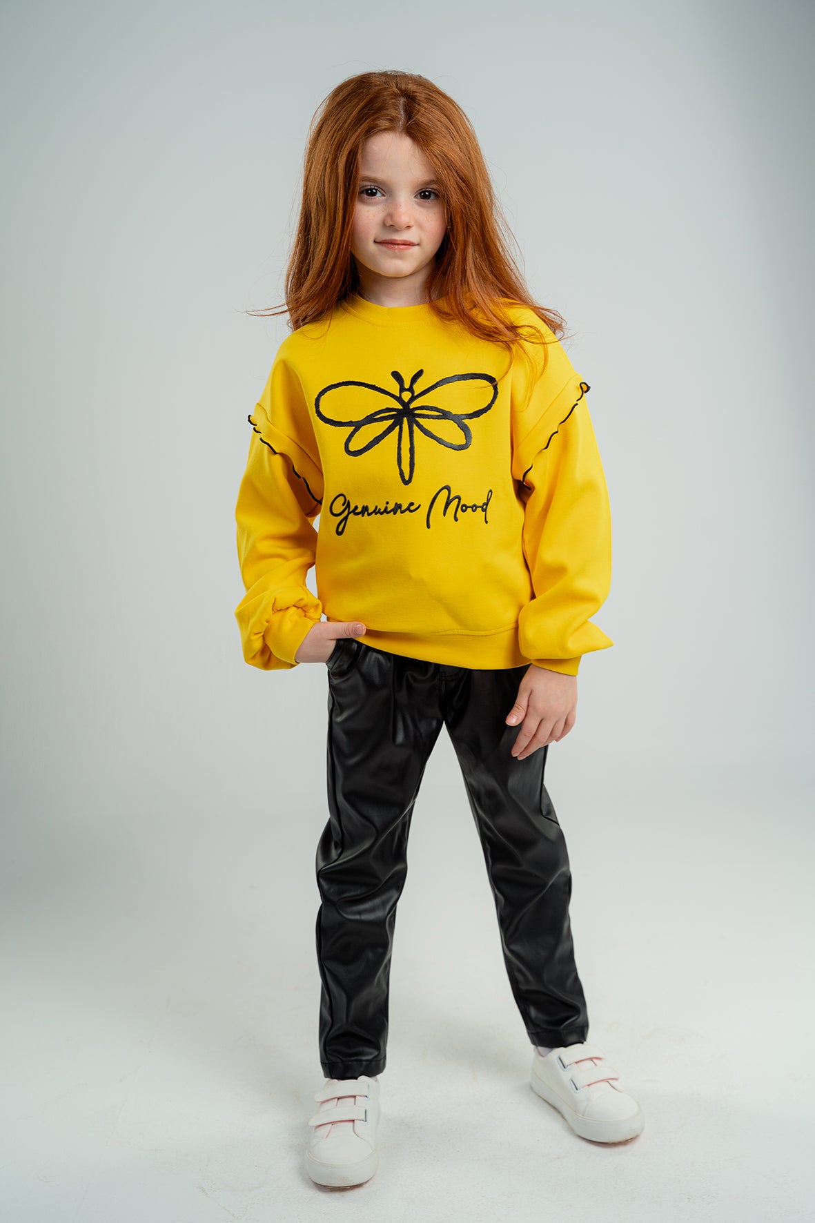 Girls Yellow Crew Neck Long Sleeve Printed