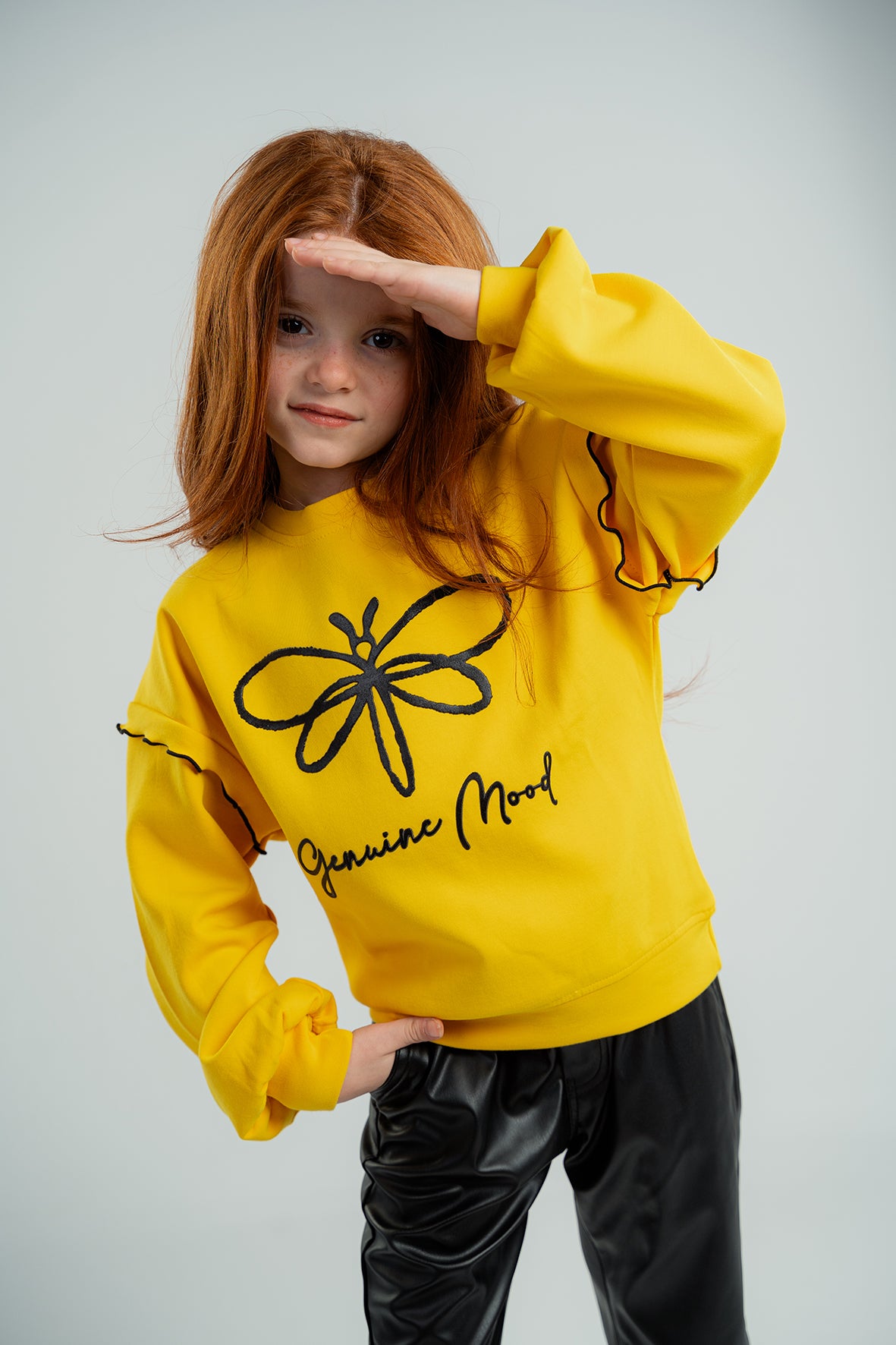 Girls Yellow Crew Neck Long Sleeve Printed