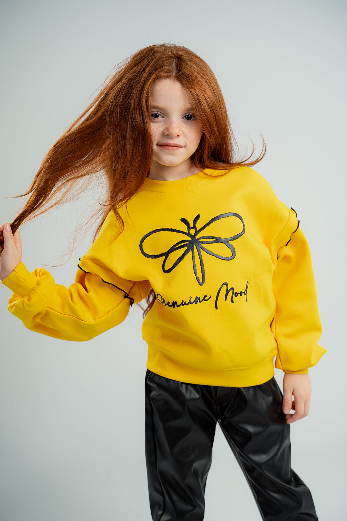 Girls Yellow Crew Neck Long Sleeve Printed