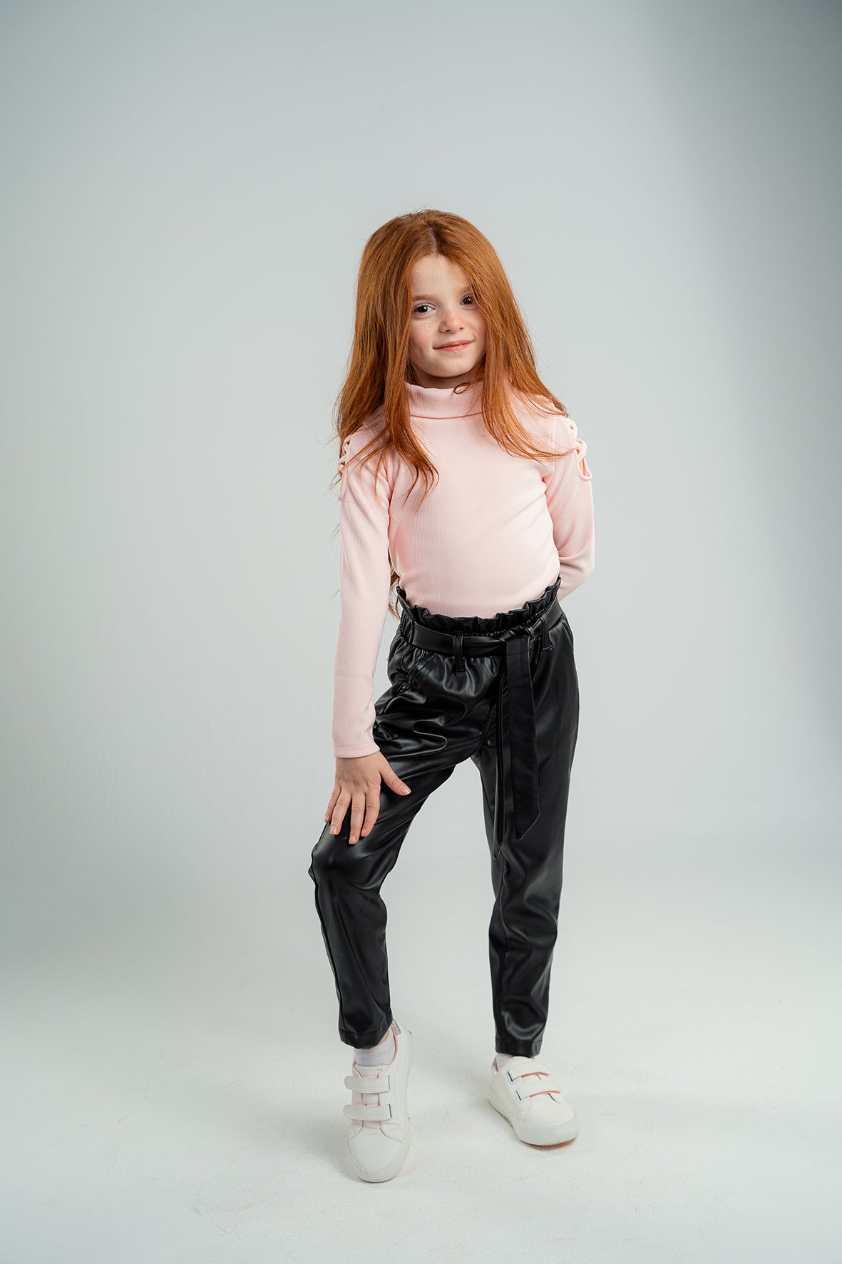 Girls Pink Ribbed Turtleneck Blouse