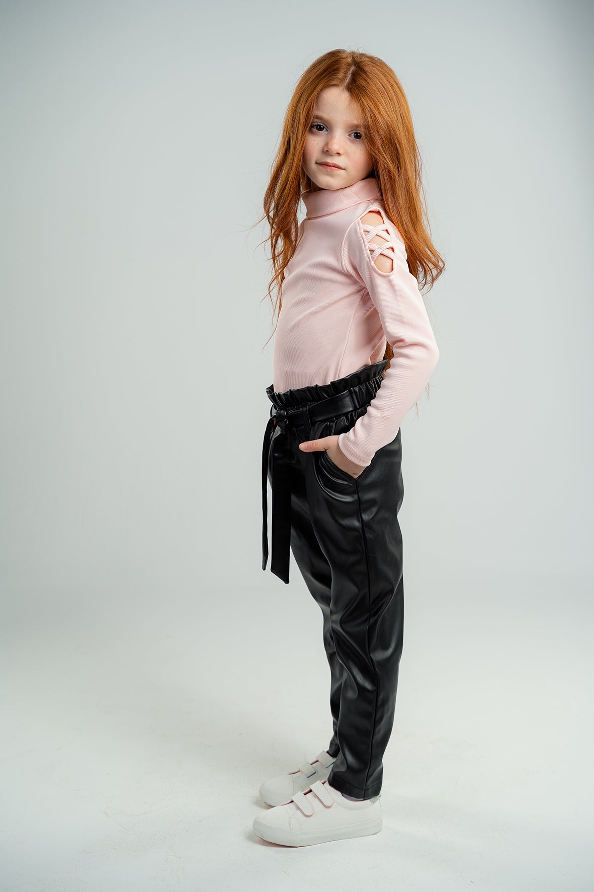 Girls Pink Ribbed Turtleneck Blouse