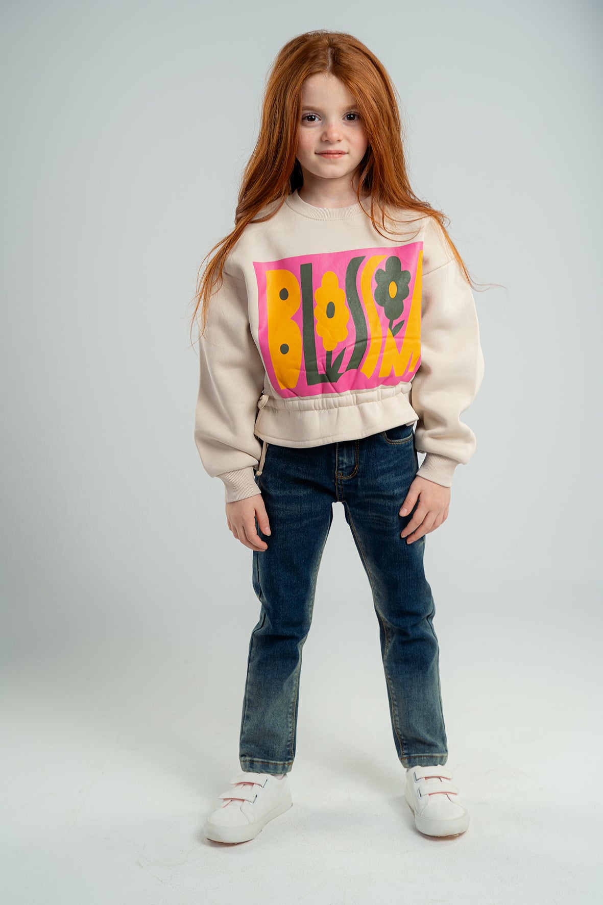 Girls Light Pink Sweatshirt With Blossom Printed